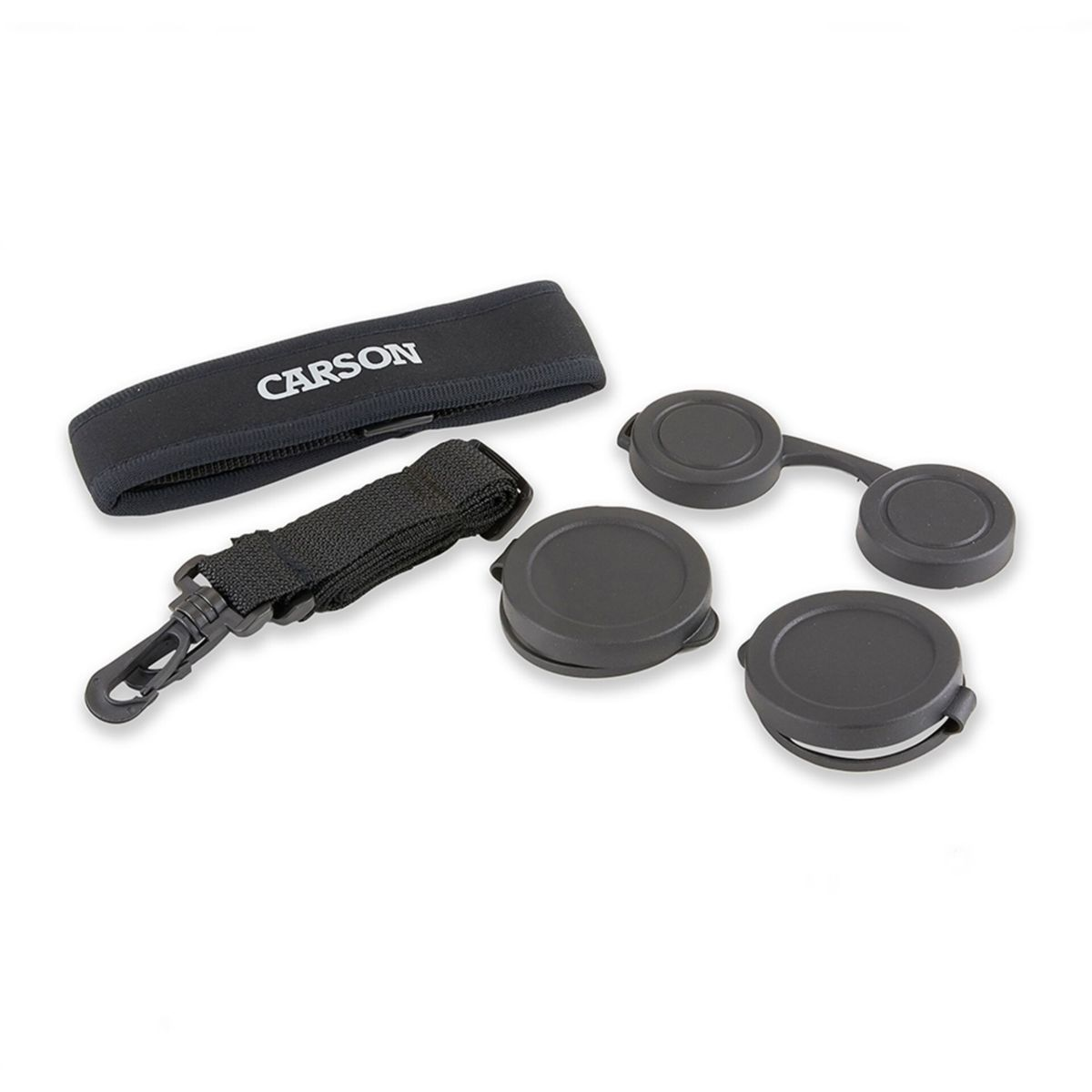 Schwarzes Carson Trageband mit Clips und Objektivdeckeln.