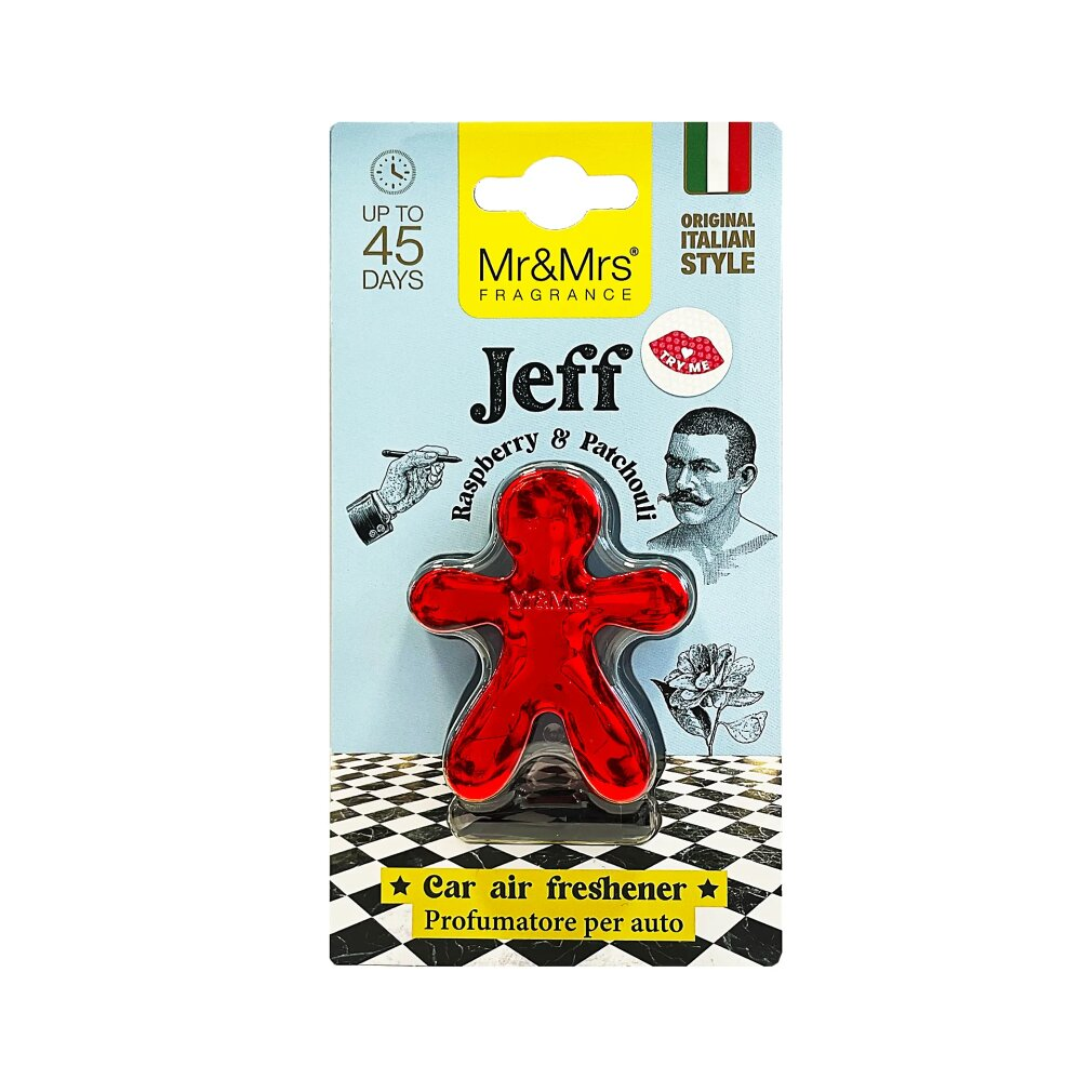 Ein roter Mr&Mrs Jeff Duftanhänger für Autos mit Himbeer-Patchouli-Duft.