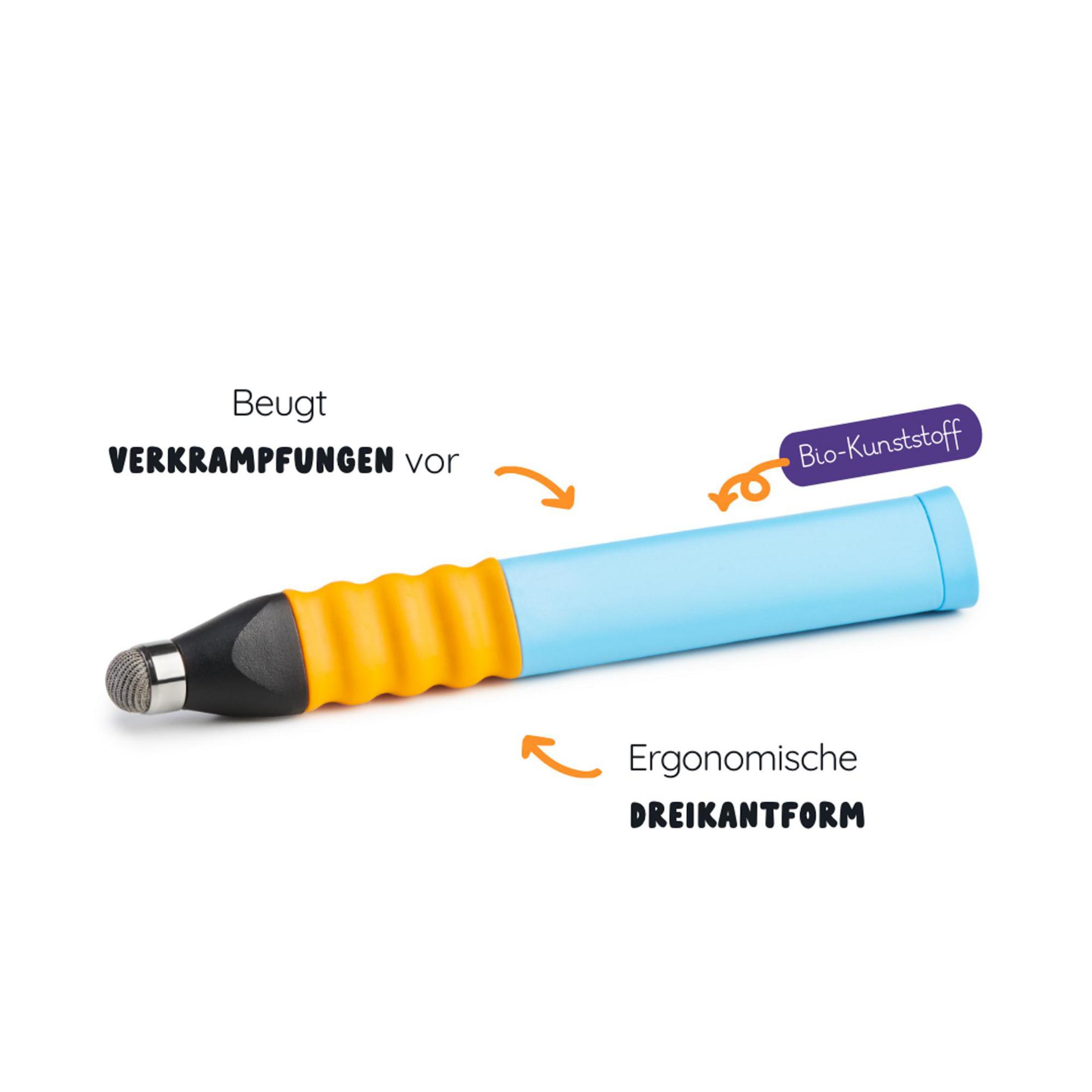 Ergonomischer Stift mit orangefarbenem Griff und blauem Schaft.