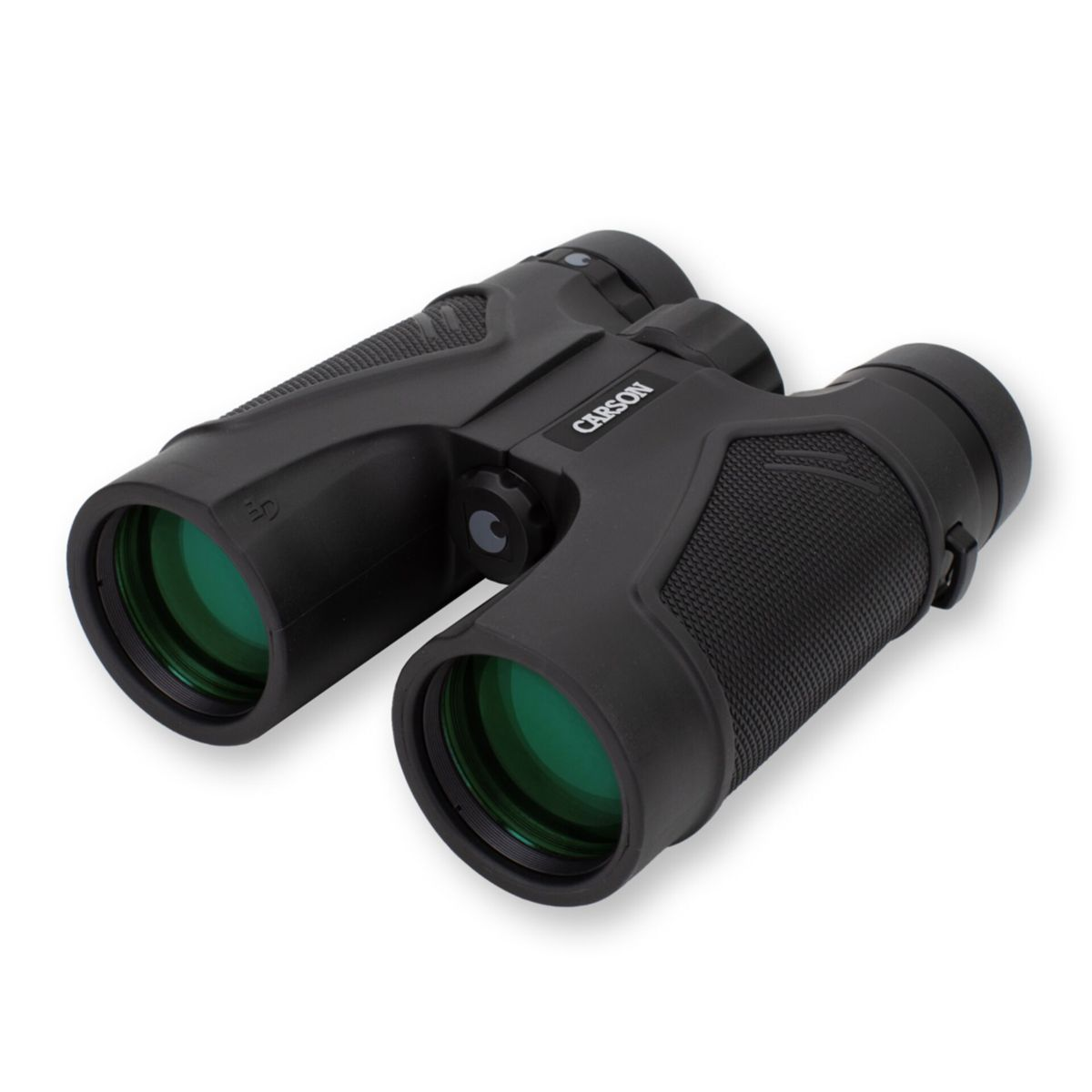 Binocolo nero con lenti verdi su sfondo bianco.