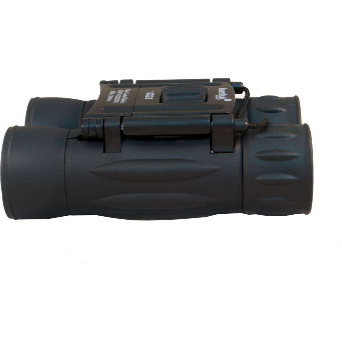 Binocolo nero con ingrandimento 12x25, su sfondo bianco.