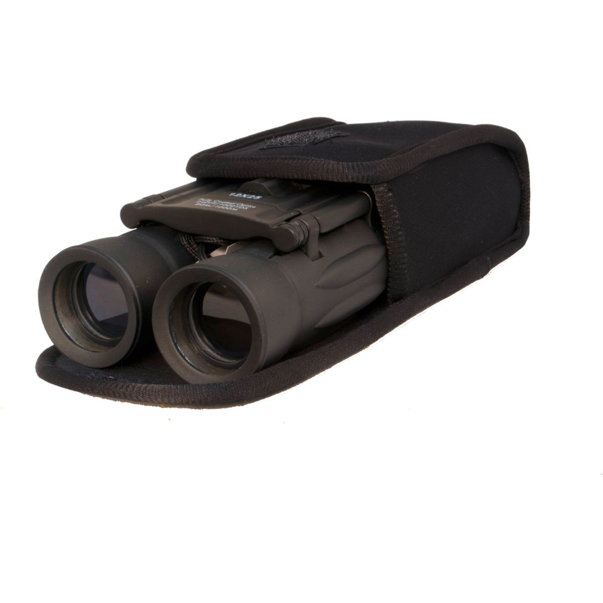 Binocolo nero in custodia nera su sfondo bianco.