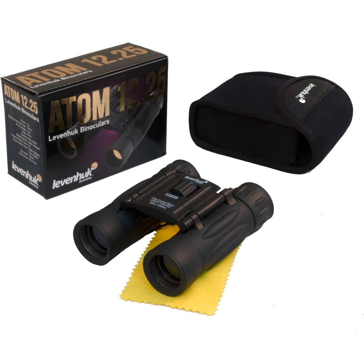Binocolo Levenhuk ATOM 12.25 con accessori: custodia, panno e scatola.