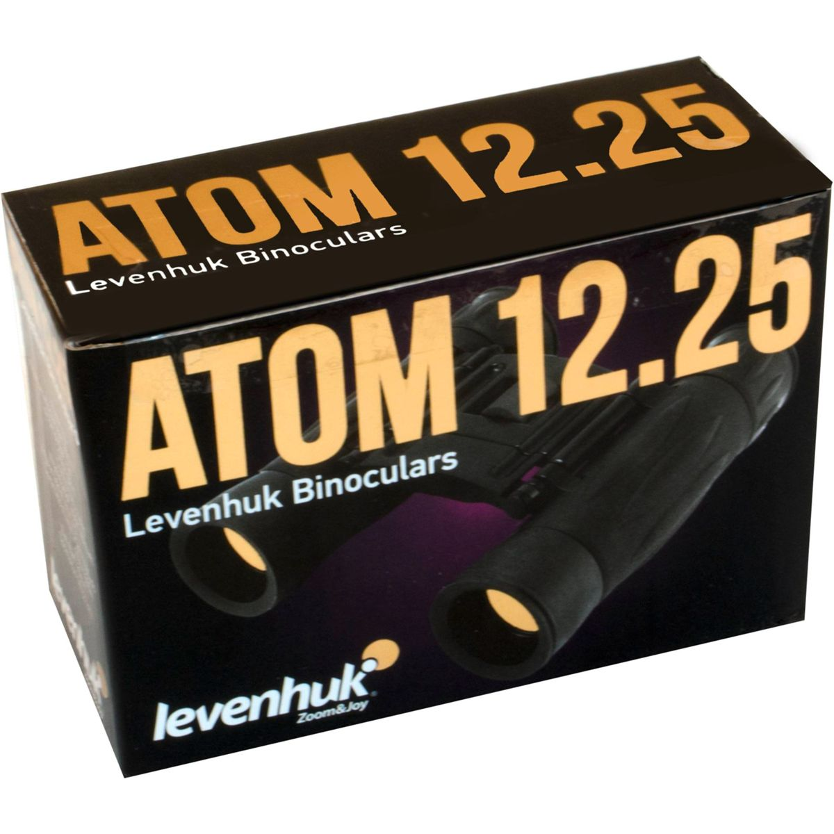Scatola per binocolo Levenhuk Atom 12.25, con immagine del binocolo.
