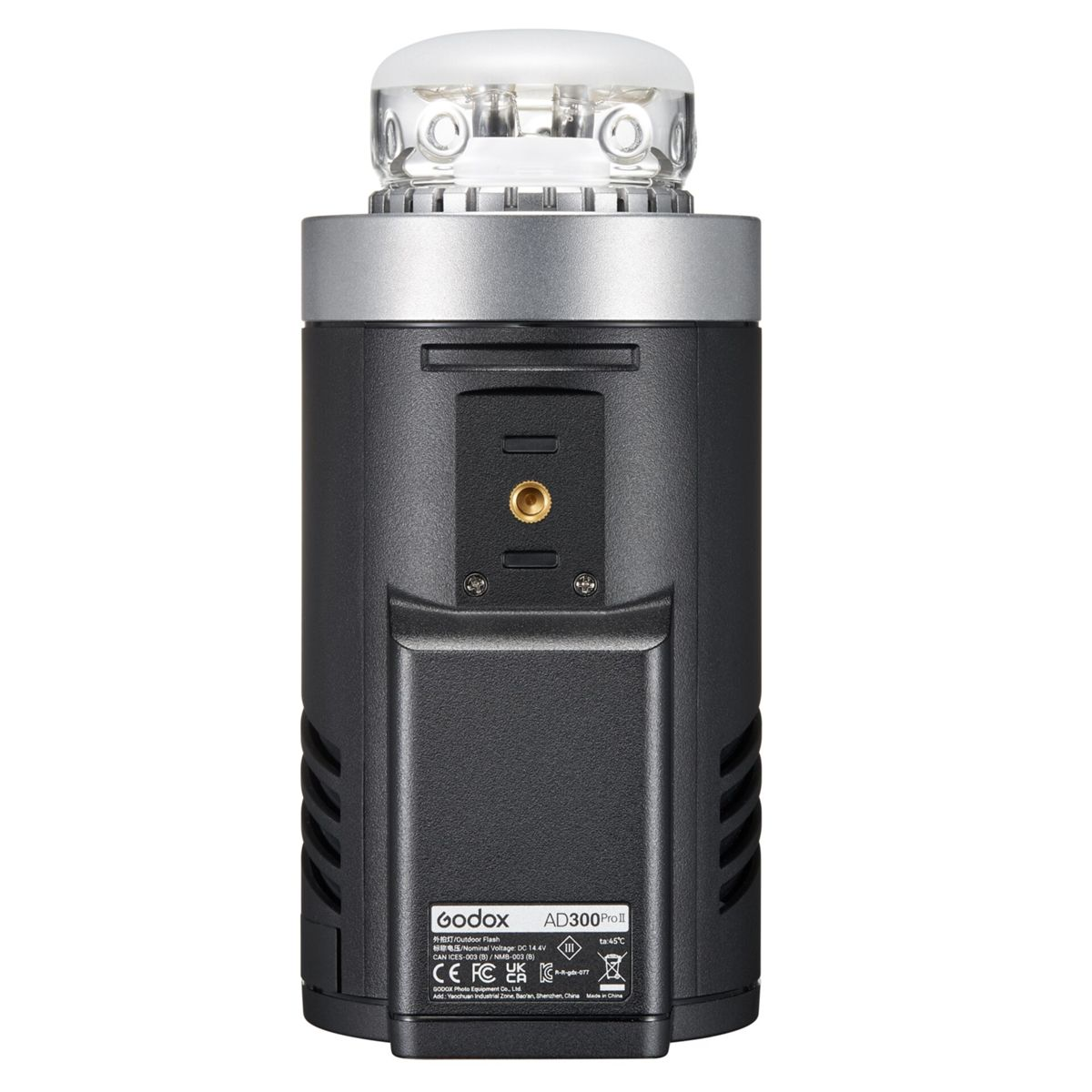 Schwarzer Godox AD300 Pro II Blitz mit silbernem Ring und transparentem Lampenkopf.