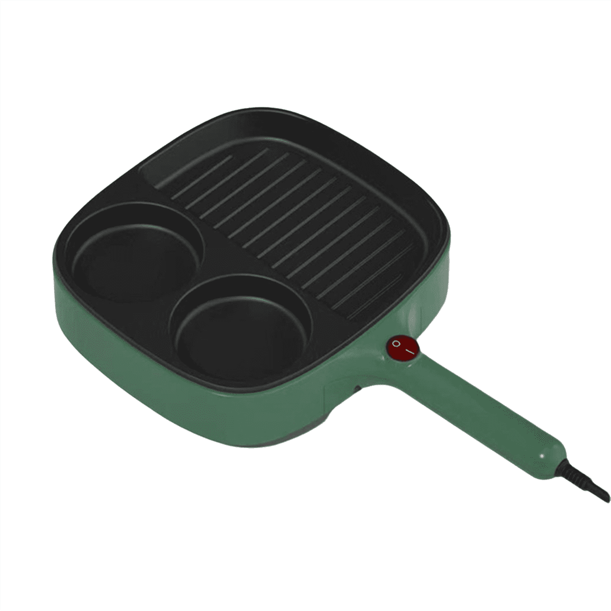 Grüne elektrische Grillplatte mit zwei runden Mulden und gerillter Oberfläche.