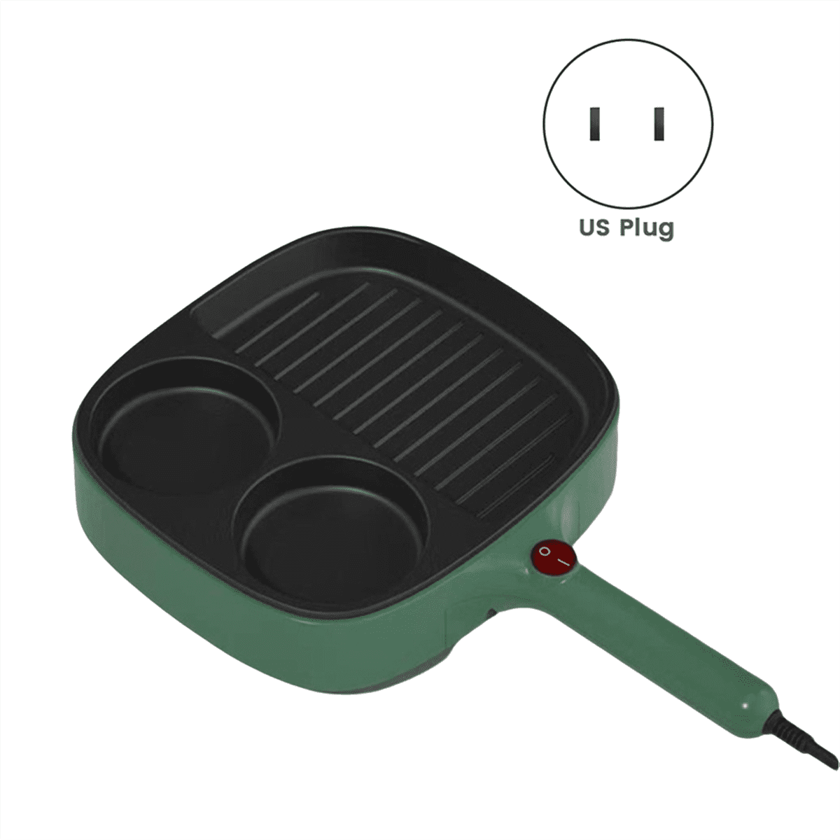 Grüne Kontaktgrillplatte mit zwei runden Vertiefungen und Grillstreifen.