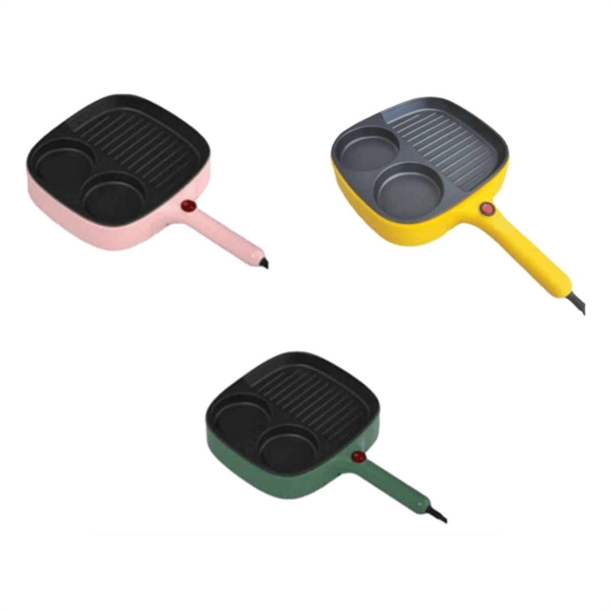 Drei elektrische Pfannen in Rosa, Gelb und Grün mit Grillflächen und runden Vertiefungen.
