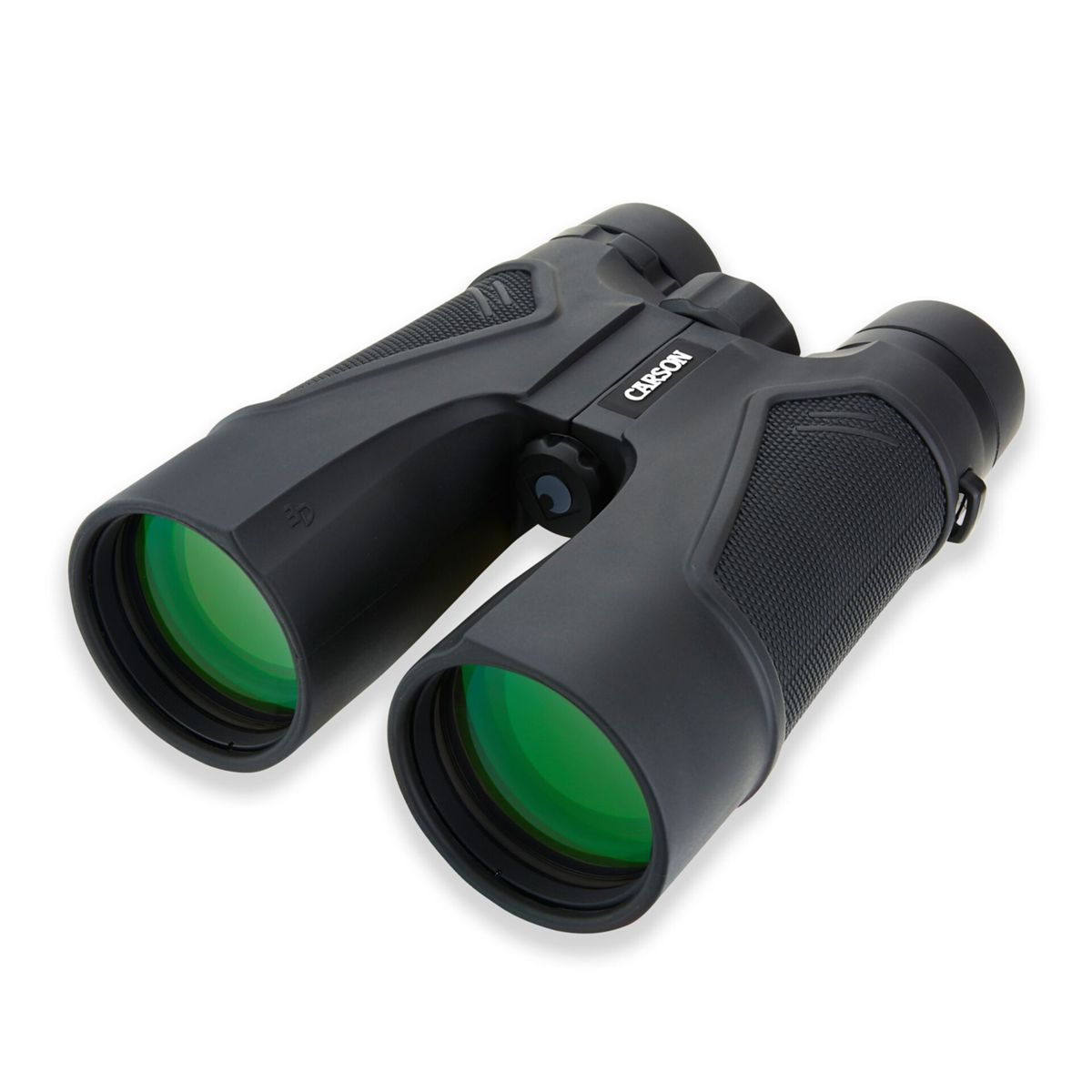 Schwarze Carson-Fernglas mit grünen Linsen auf weißem Hintergrund.