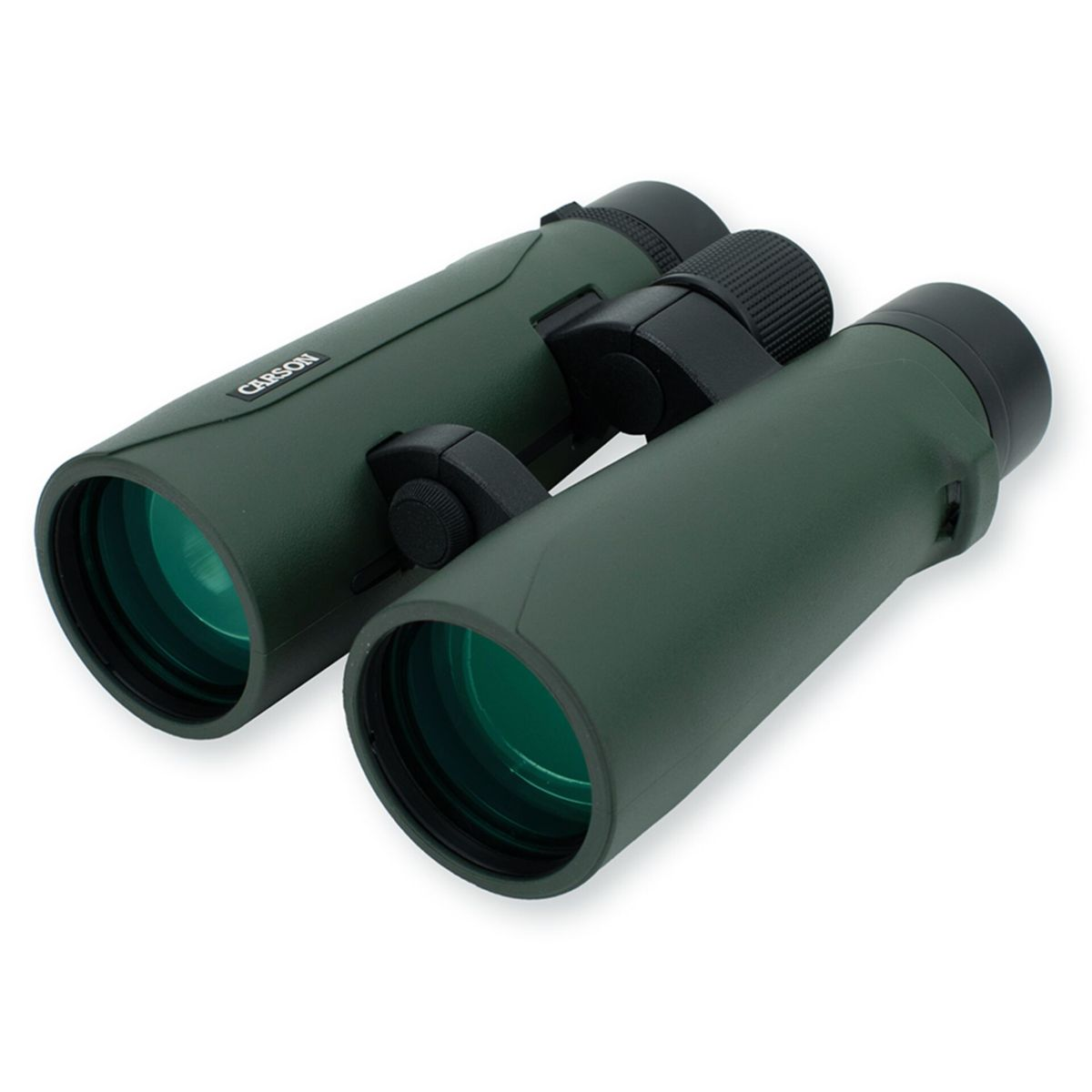Binocolo verde con rotella di messa a fuoco nera e impugnature in gomma su sfondo bianco.