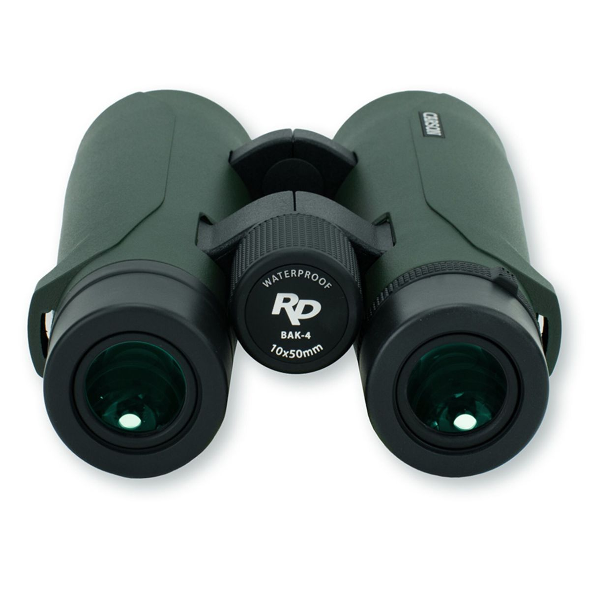 Binocolo verde con rotella di messa a fuoco ed etichetta "WATERPROOF".