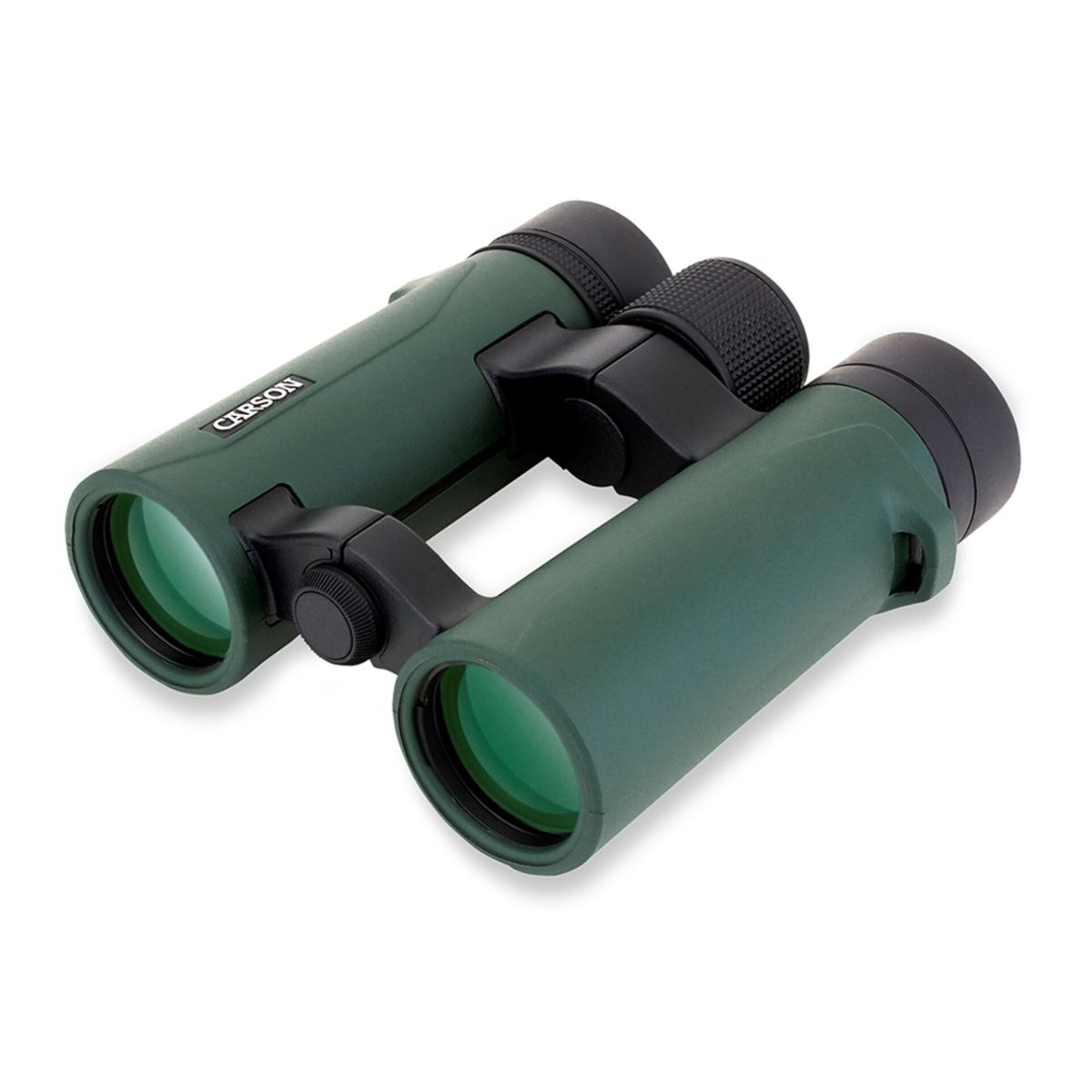 Binocolo verde con ponte nero e copriobiettivi.