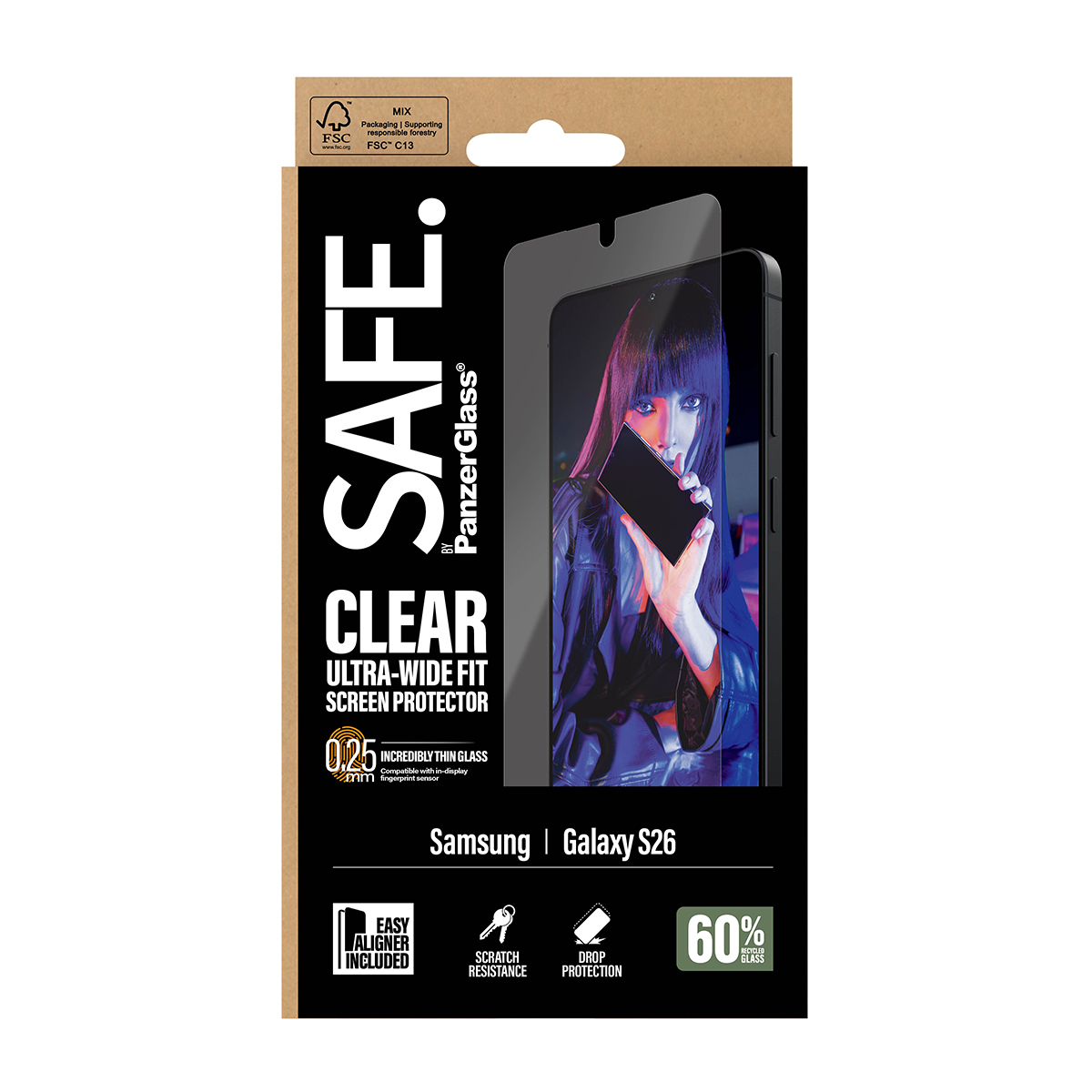 Confezione per protettore schermo SAFE by PanzerGlass per Samsung Galaxy S26.
