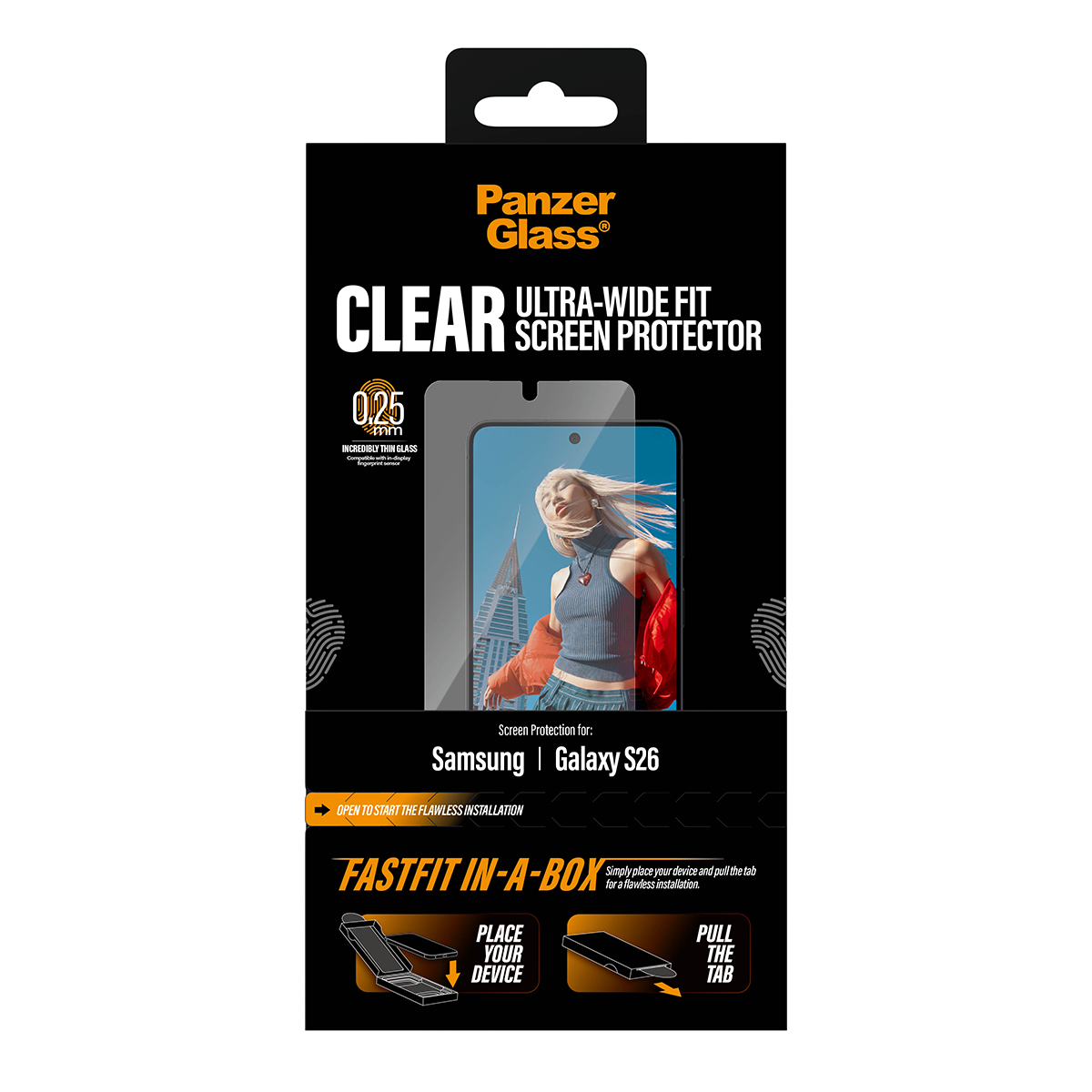 Confezione di protezione schermo Panzer Glass per Samsung Galaxy S26.