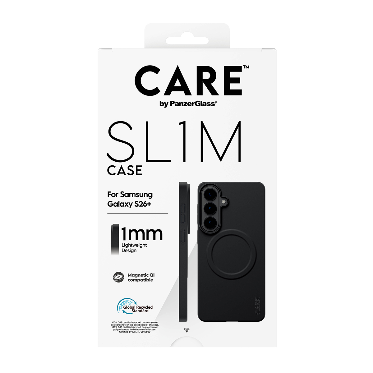 Verpackung für eine schwarze Handyhülle für Samsung Galaxy S26+.