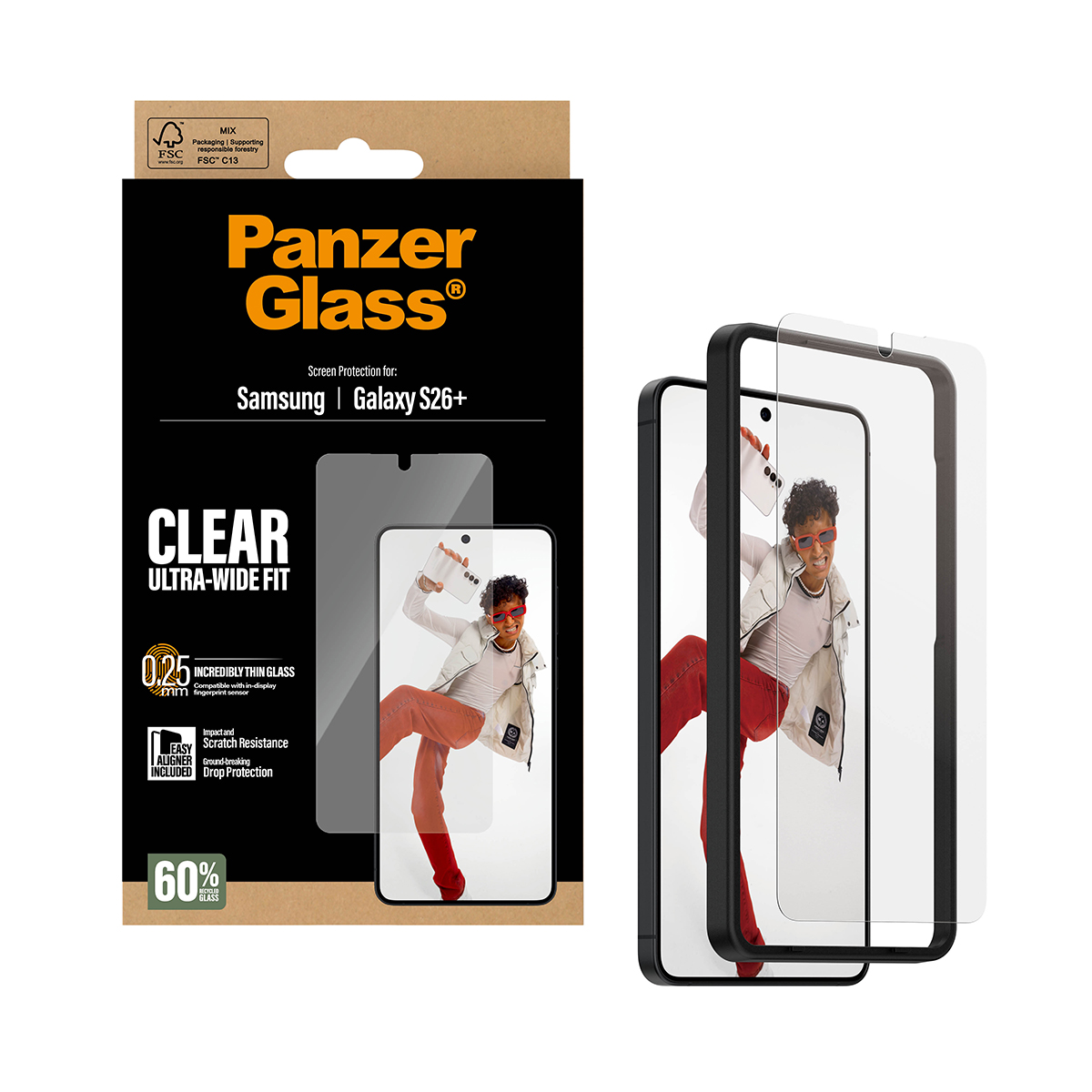Panzer Glass screenprotector verpakking voor Samsung Galaxy S26+, met telefoon.