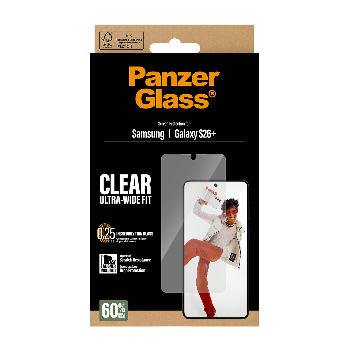 Panzer Glass screenprotector voor Samsung Galaxy S26+. Heldere, ultra-brede pasvorm.