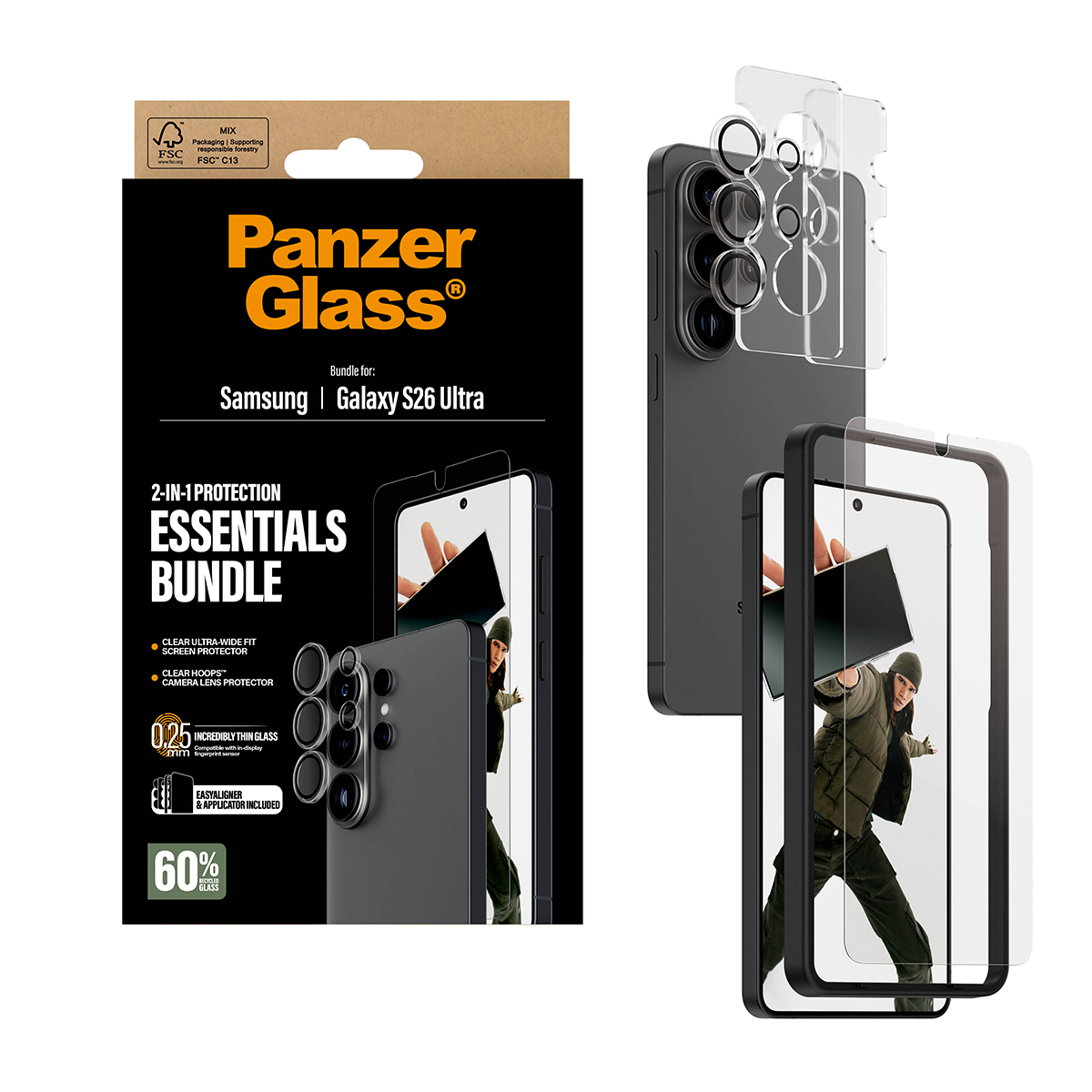 Bundle Panzer Glass per Samsung Galaxy S26 Ultra, include proteggi schermo e lenti.