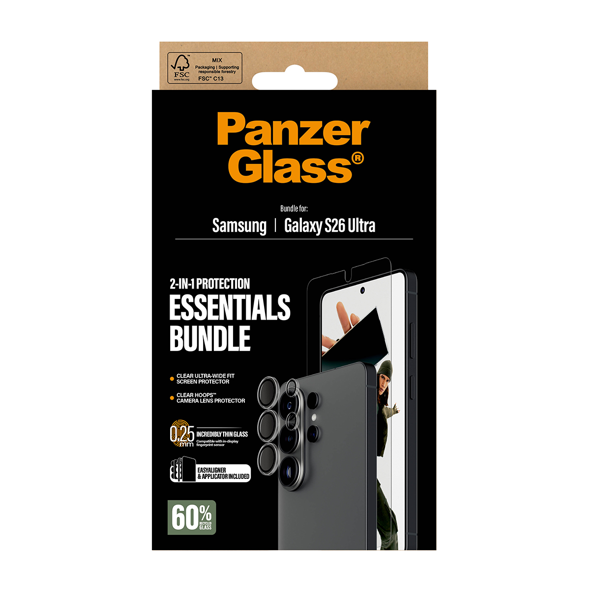 Confezione Panzer Glass per Samsung Galaxy S26 Ultra, con protezioni schermo e lente.