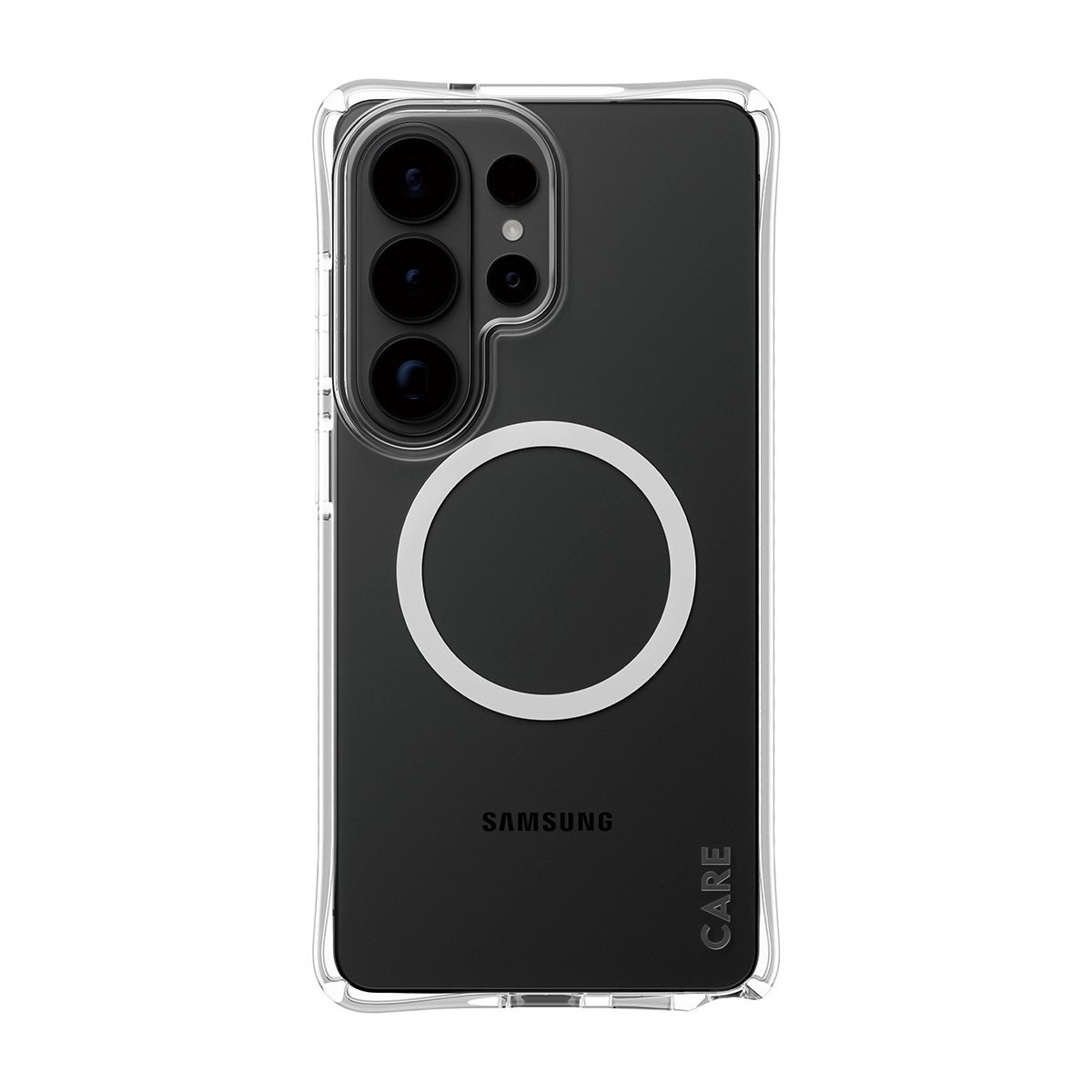 Kamera lensleri, manyetik halka ve Samsung logosu olan şeffaf telefon kılıfı.