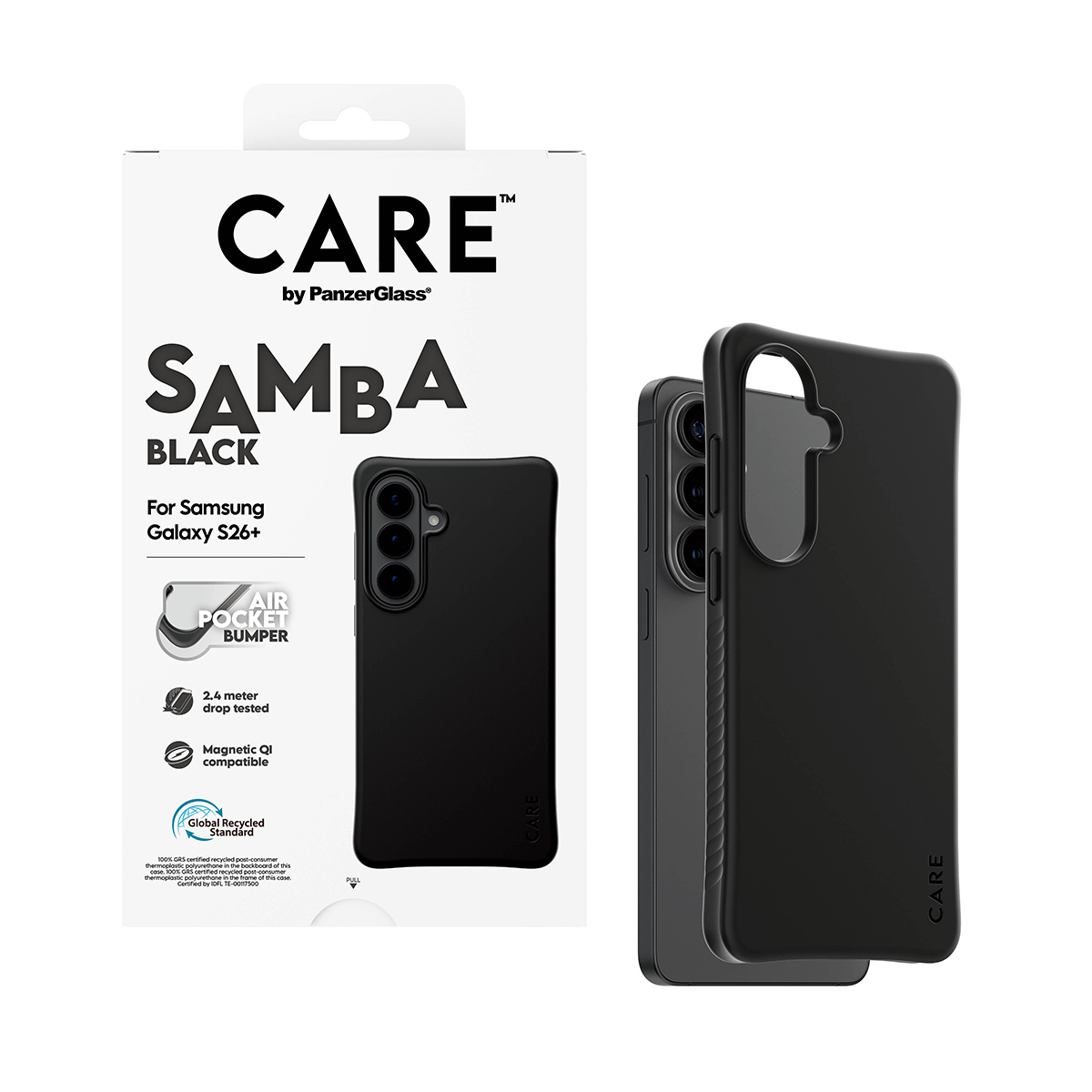 Samsung Galaxy S26+ için siyah telefon kılıfı, ürün detayları ile beyaz arka planda.