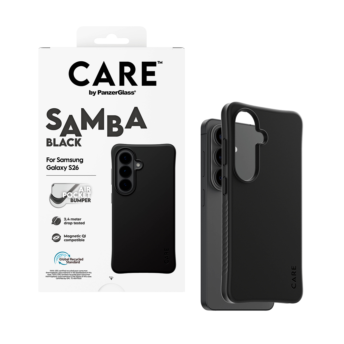Samsung Galaxy S26 için siyah kılıf, CARE markalı ve Air Pocket Bumper özellikli.