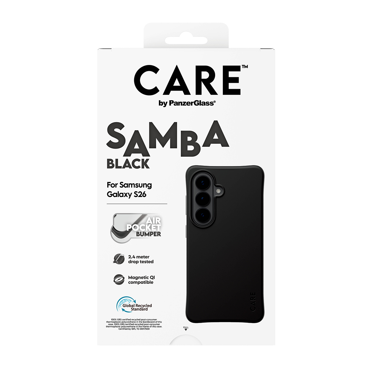 Samsung Galaxy S26 için Air Pocket tamponlu siyah telefon kılıfı.