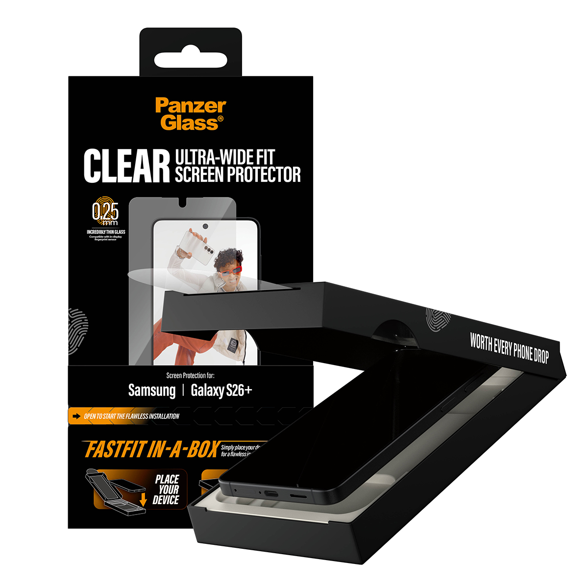 Scatola protezione schermo Panzer Glass per Samsung Galaxy S26+.