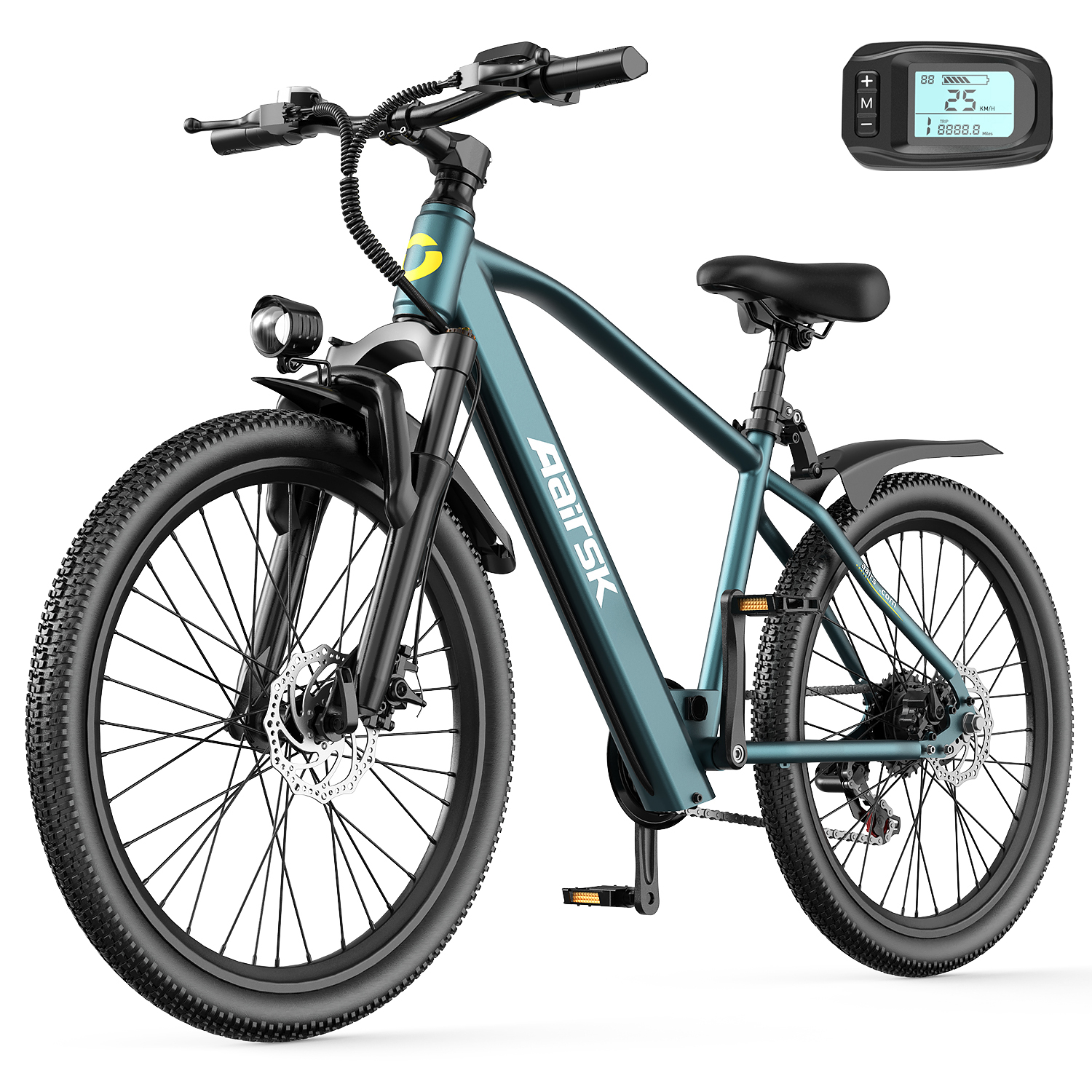 Ein petrolfarbenes E-Bike mit breiten Reifen, Schutzblechen und einem digitalen Display.