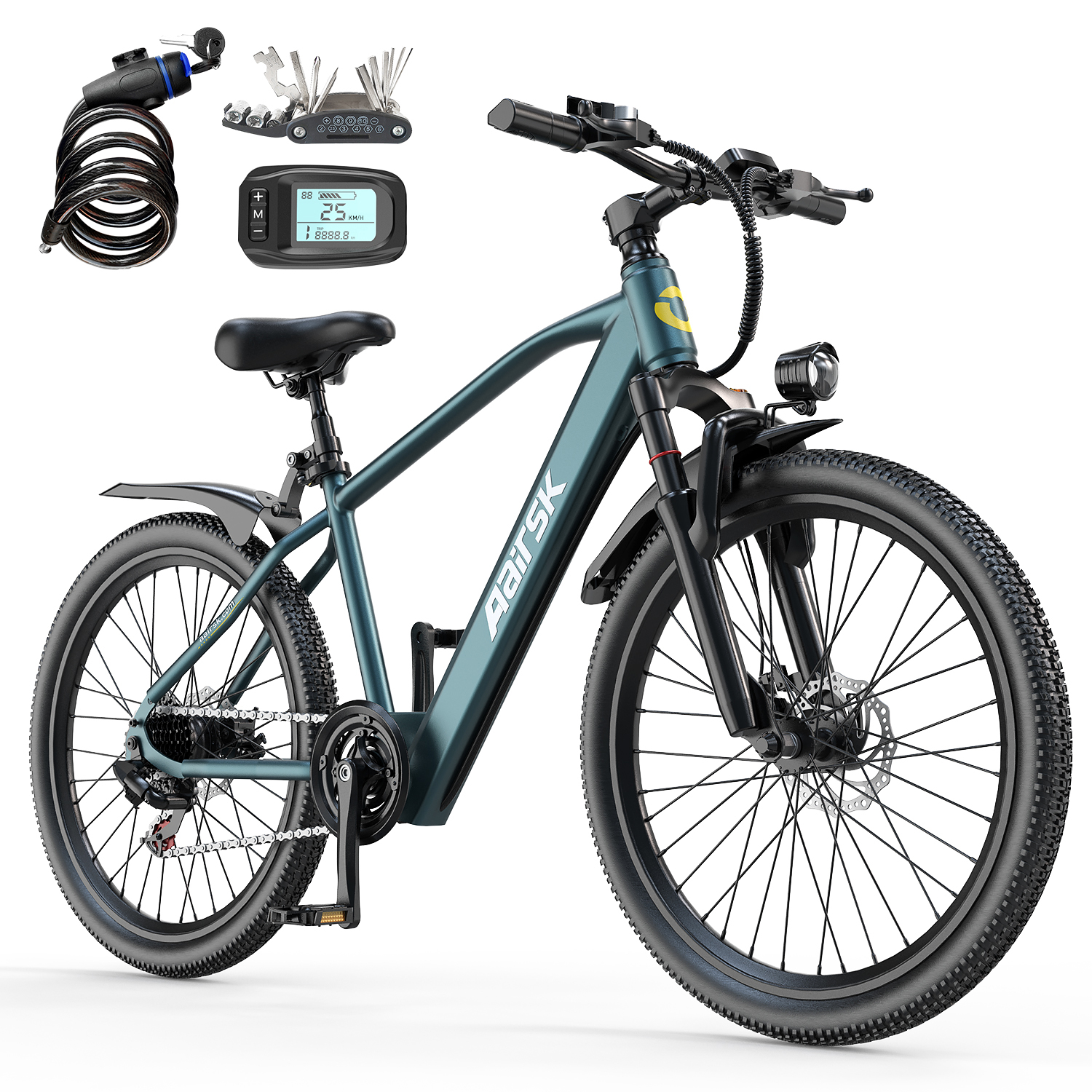 Ein teal E-Bike mit Kabel, Werkzeug, Display und Schloss.