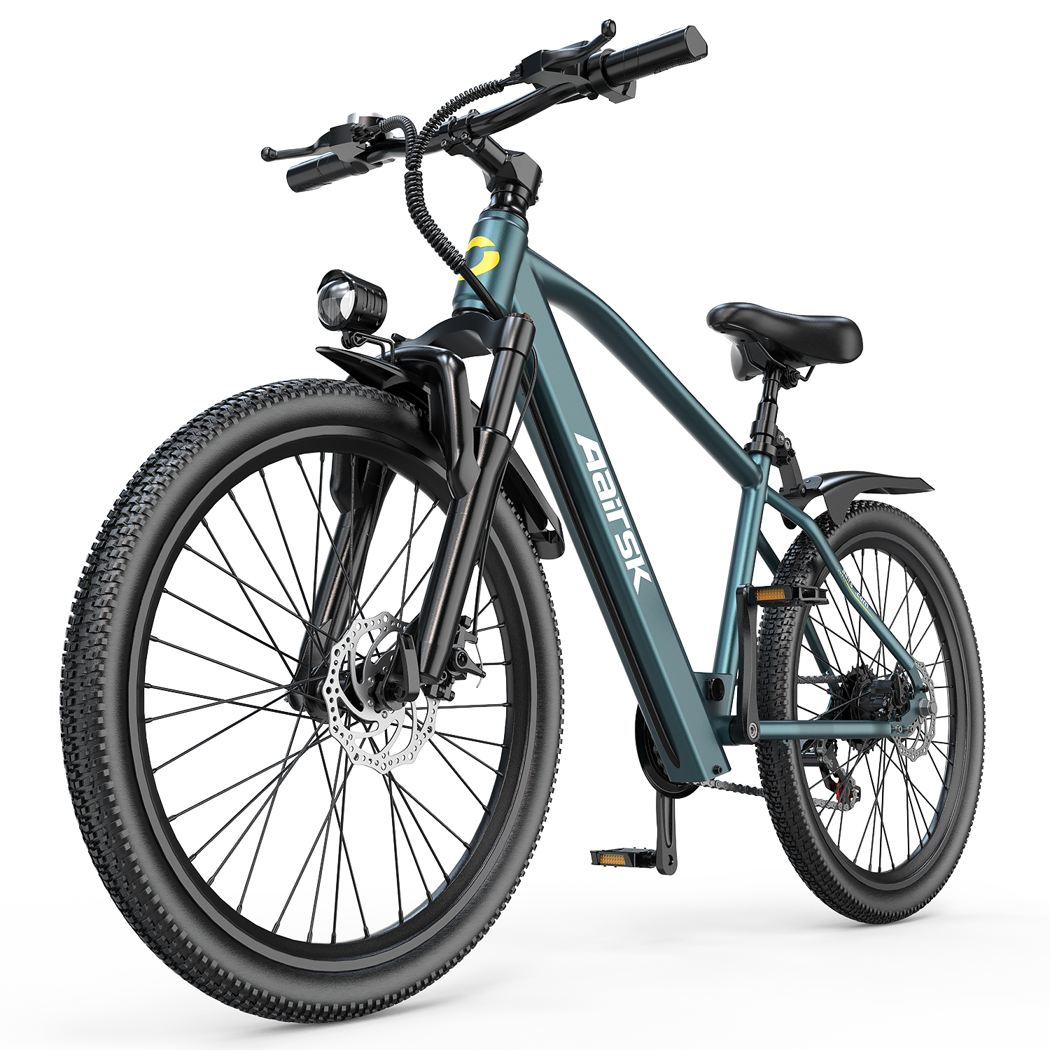 Ein teal E-Mountainbike mit breiten Reifen, Scheinwerfer und Sattel.