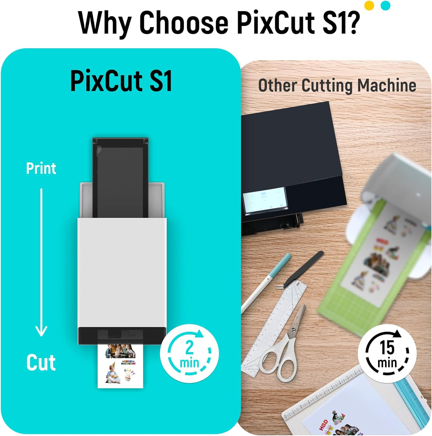 PixCut S1 print en snijdt in 2 min. Andere machines duren 15 min.