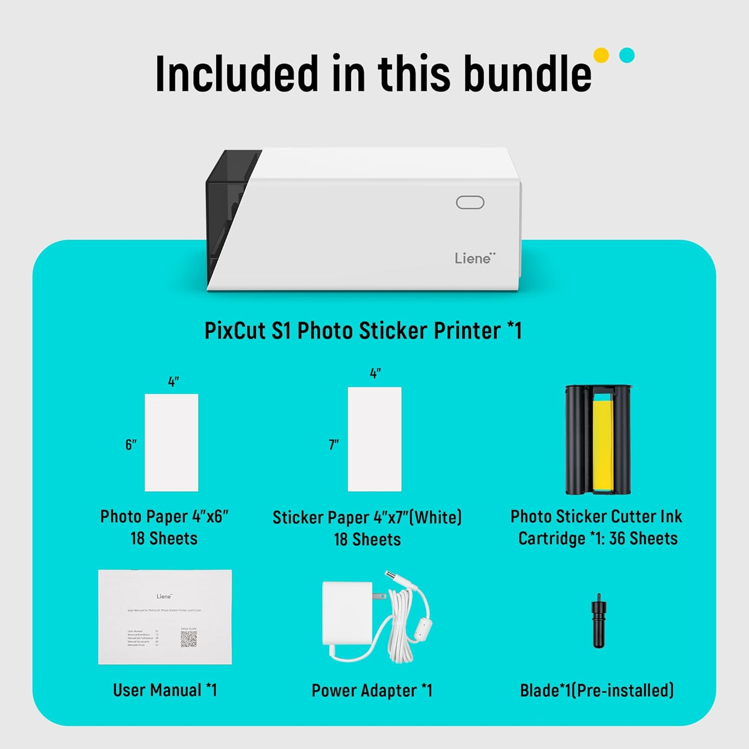 Inclusief: Printer, fotopapier, stickerpapier, inktcartridge, stroomadapter, mesje, handleiding.