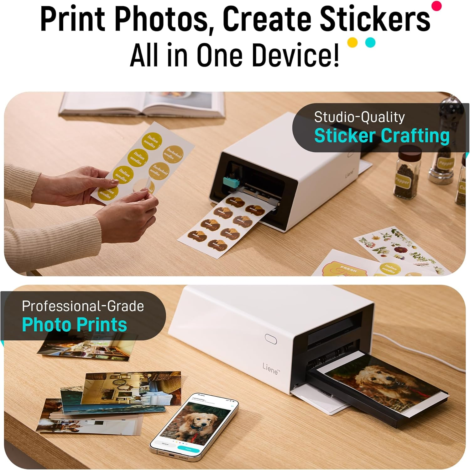 Een apparaat voor het afdrukken van foto's en maken van stickers, met stickers en foto's.