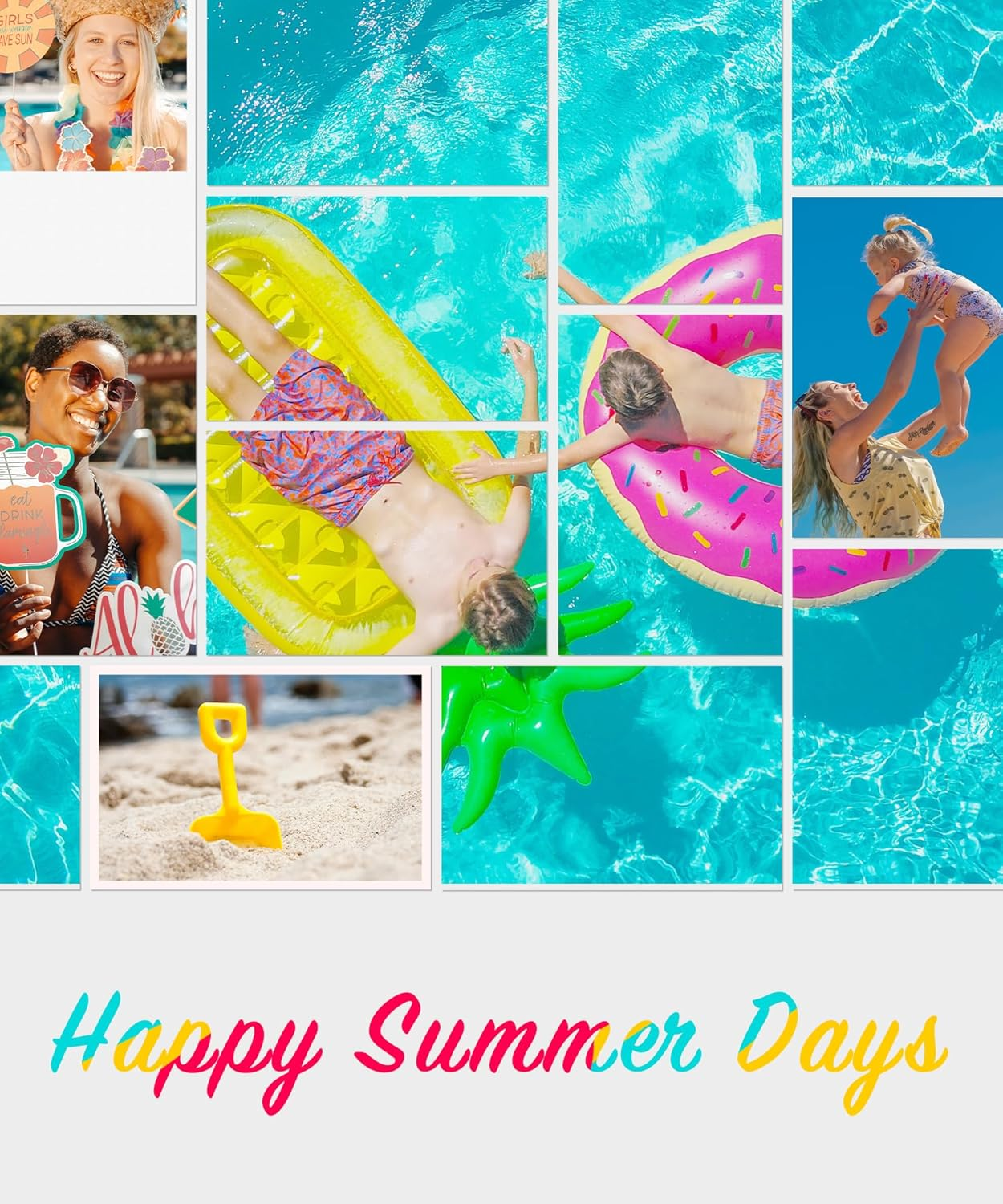 Collage met zomerse scènes: vrouwen bij zwembad, kinderen op luchtbedden, strandspeelgoed, tekst 'Happy Summer Days'.