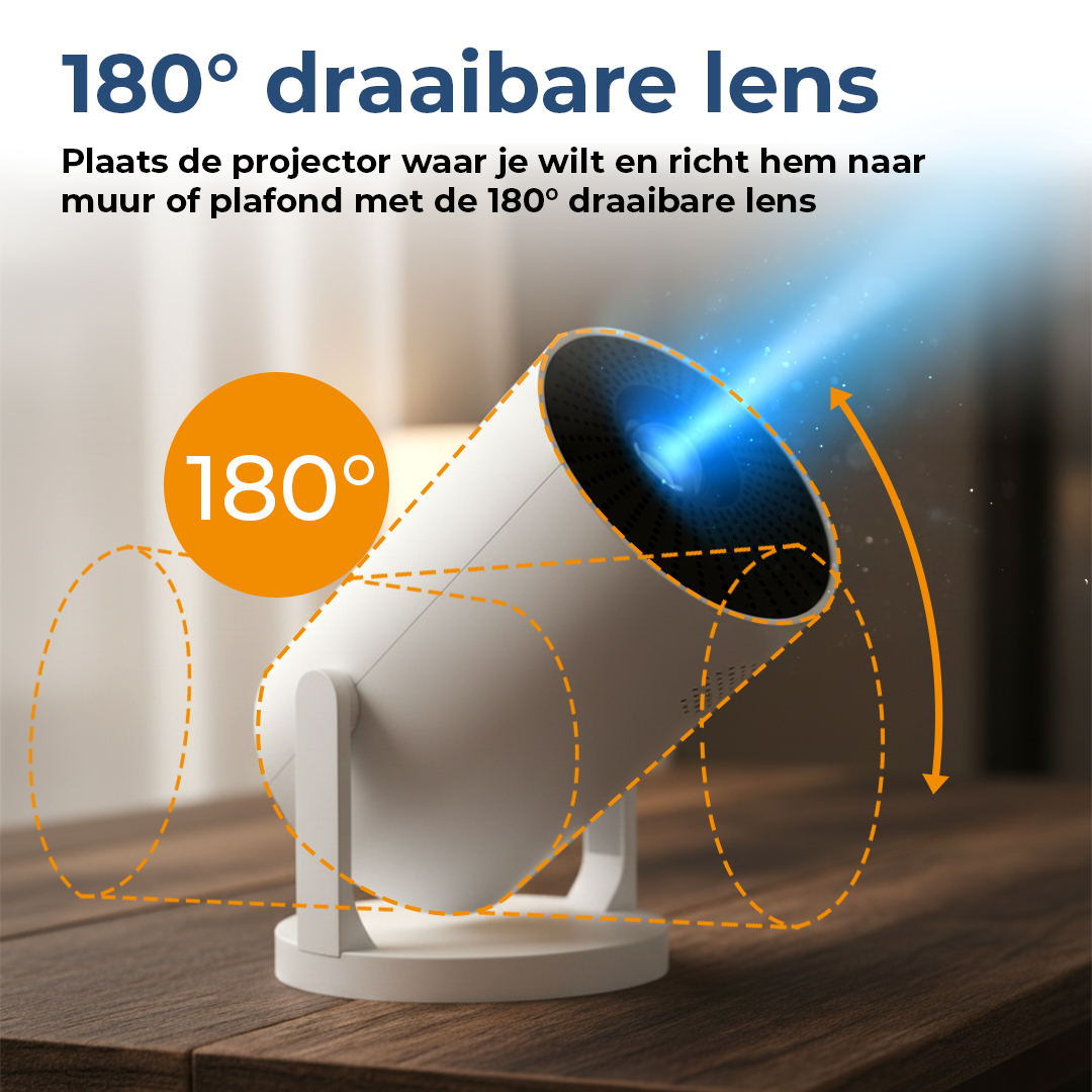 Een witte projector met 180° draaibare lens projecteert een blauwe lichtstraal.