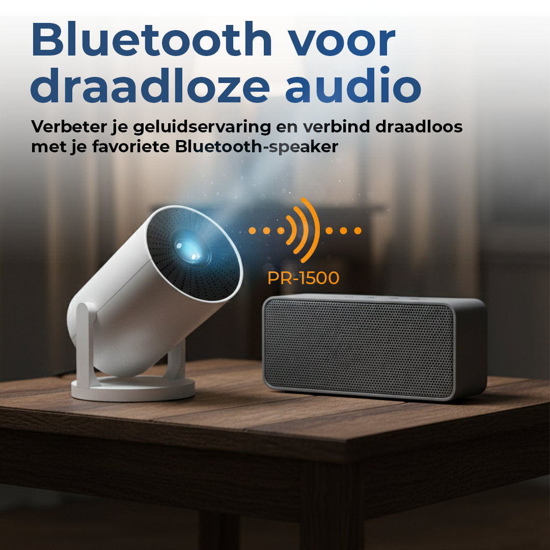 Een witte projector stuurt signalen naar een grijze luidspreker.