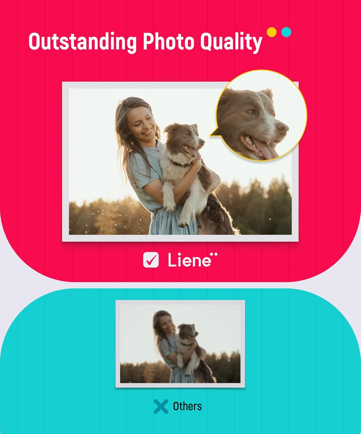 Een vrouw houdt een hond vast. Bovenaan staat "Outstanding Photo Quality".