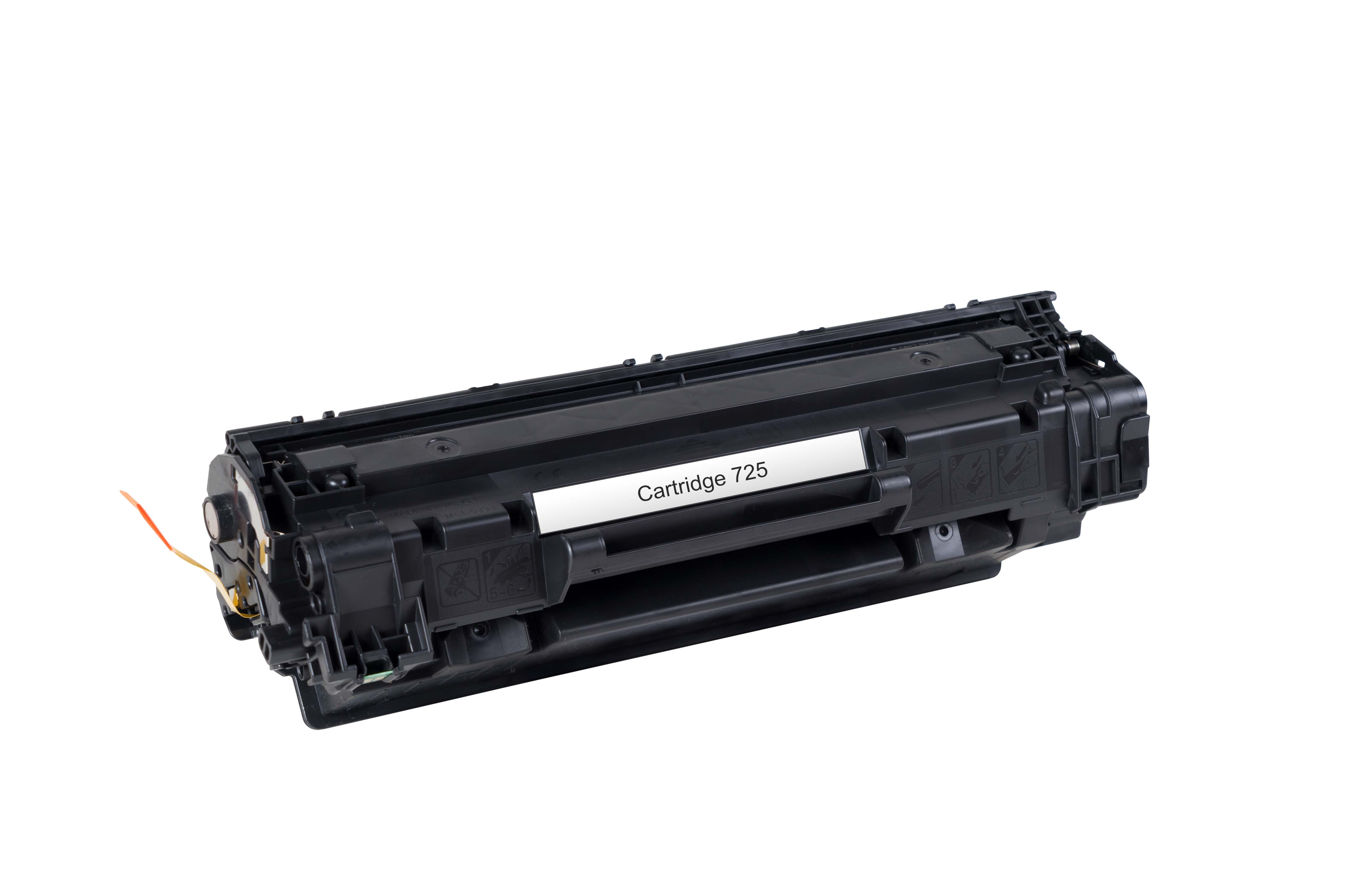 Cartouche de toner d'imprimante laser noire 725 avec fil jaune et rouge.