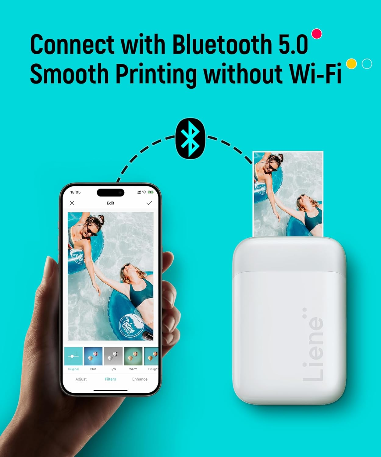 Een smartphone toont een filter, ernaast een witte printer.