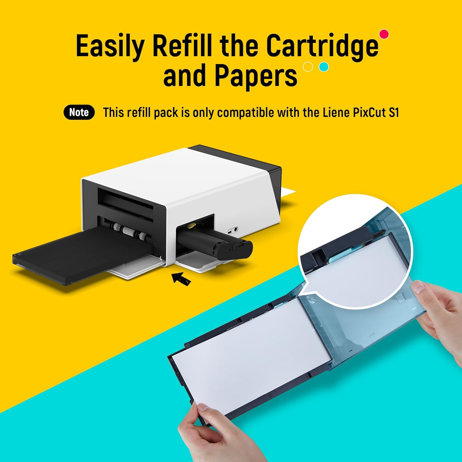 A white printer with an extending tray and a paper-holding insert are shown.