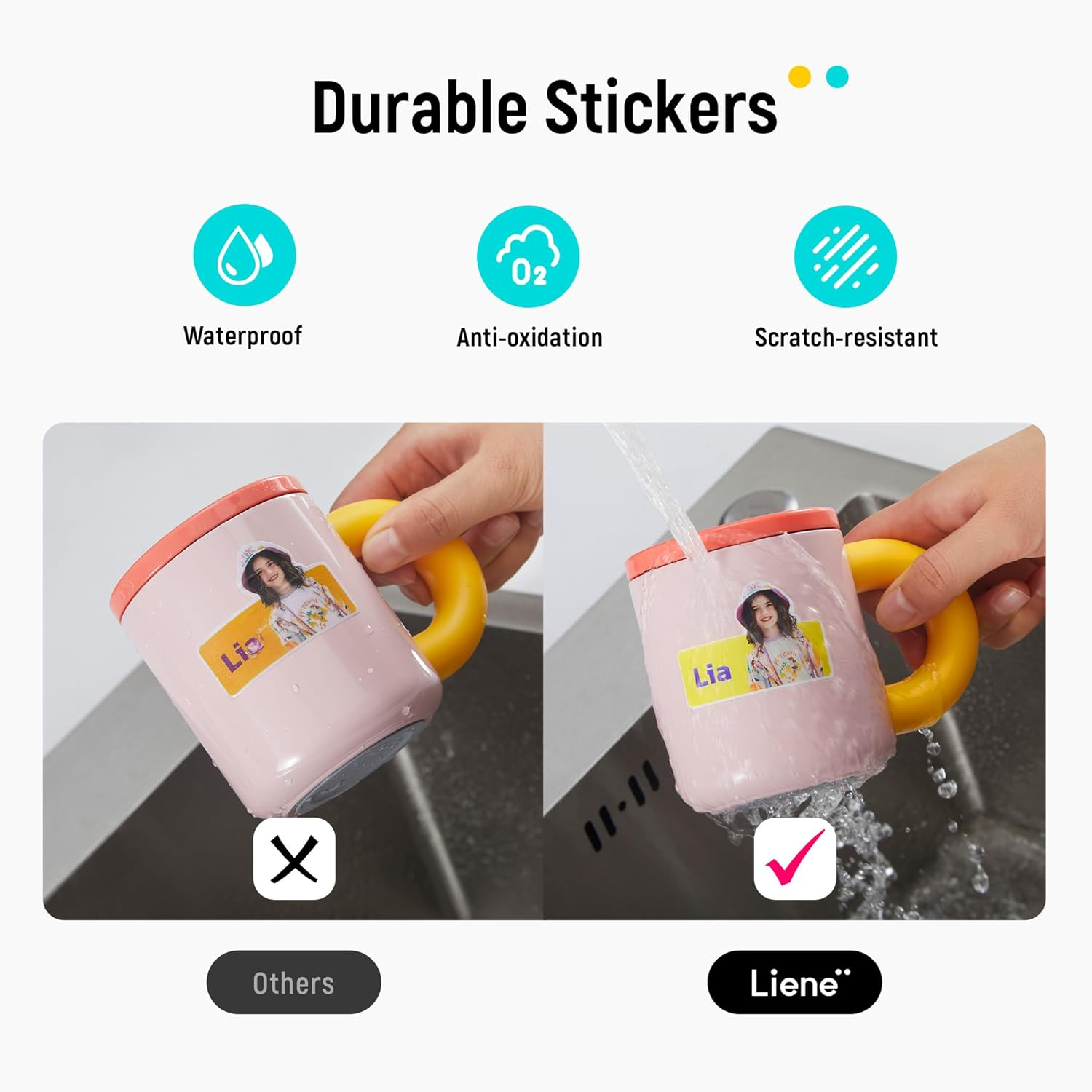 Two mug stickers shown under water, one with an X, the other with a checkmark.