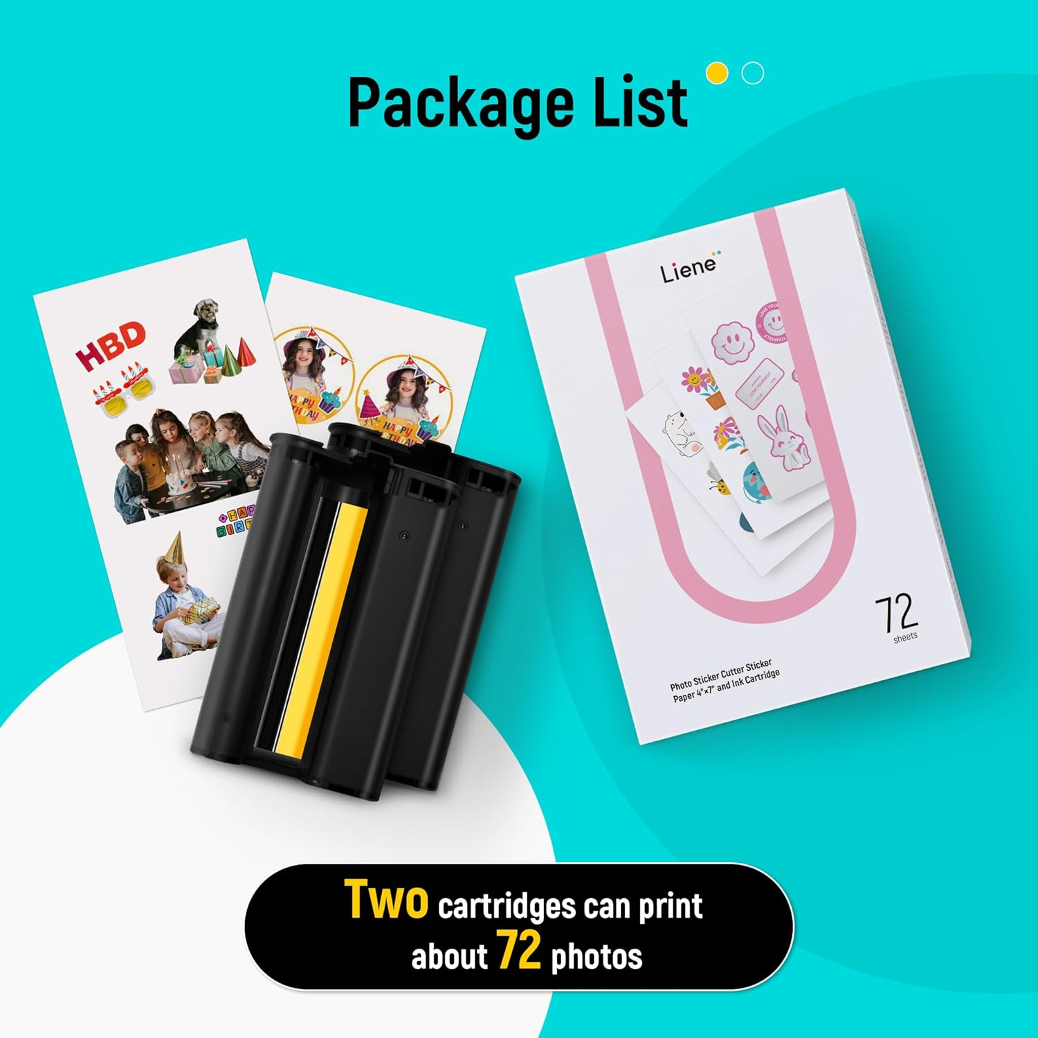 Package list: photo printer ink cartridges, sticker sheets, and a box of 72 sheets.