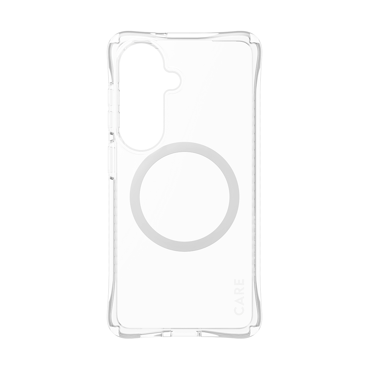 Manyetik halkalı ve CARE logolu şeffaf telefon kılıfı.