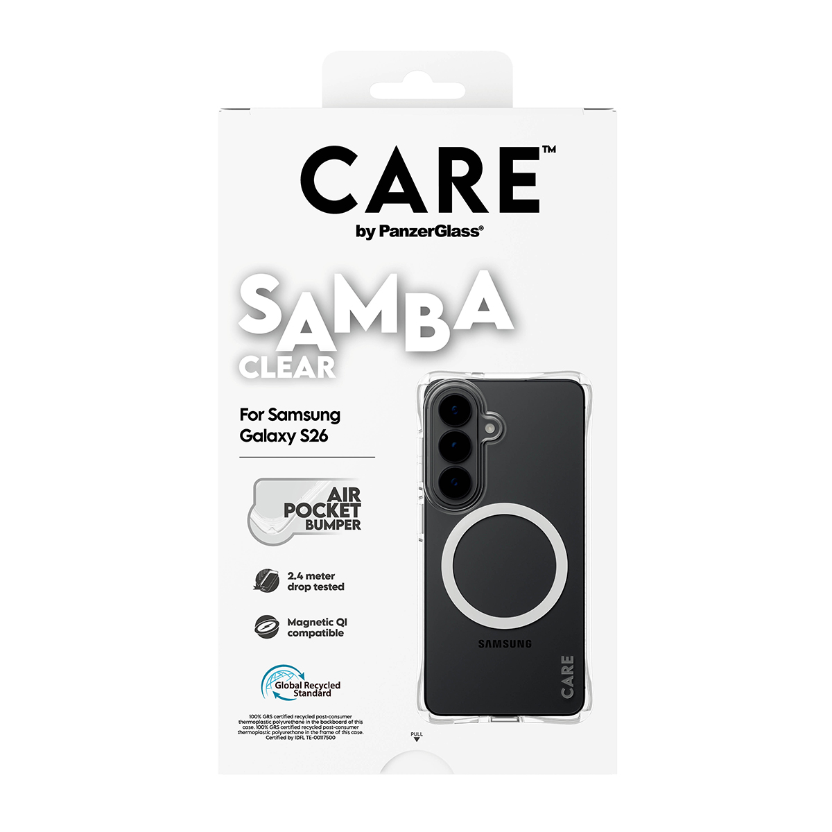 Samsung Galaxy S26 için Air Pocket Bumper'lı CARE Samba Clear kılıf.