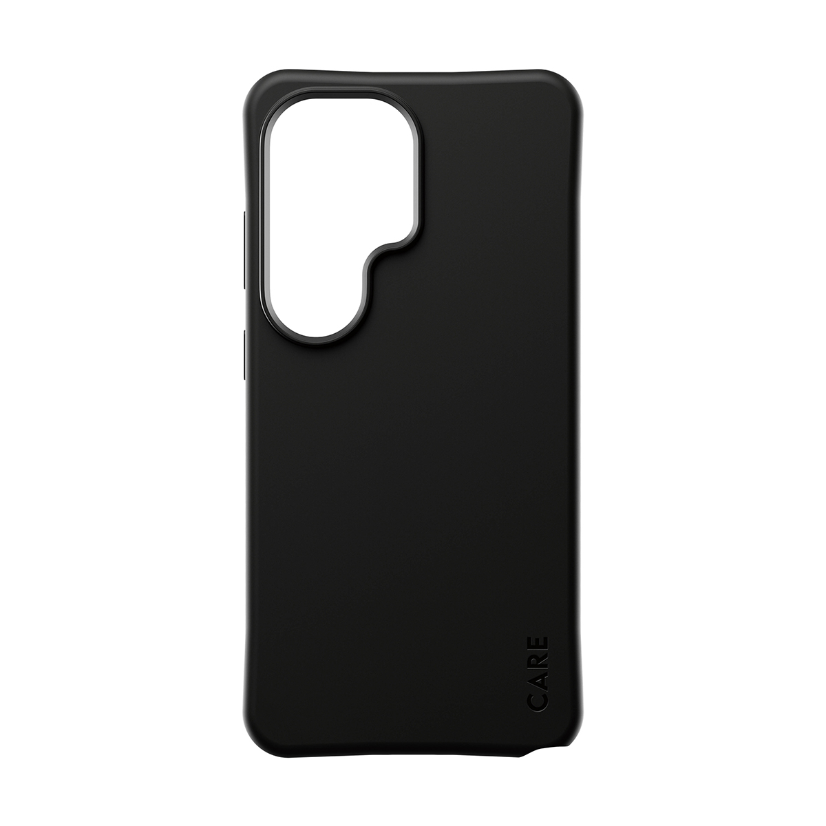 Büyük kamera kesimli siyah telefon kılıfı. CARE logosu.