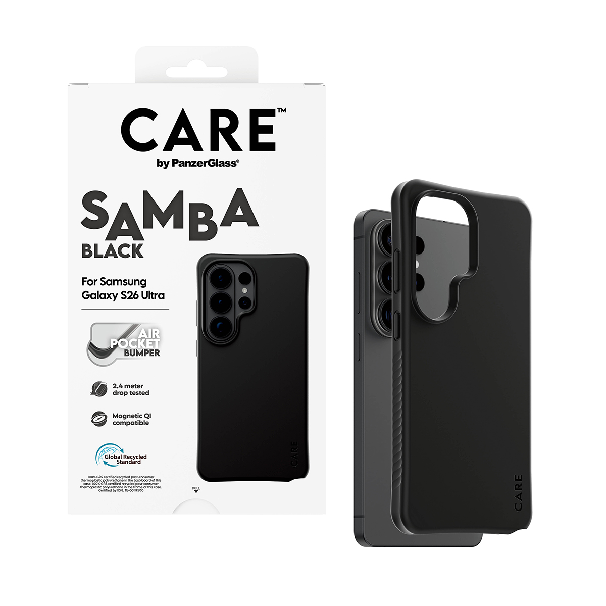 Samsung Galaxy S26 Ultra için siyah telefon kılıfı, CARE markalı.
