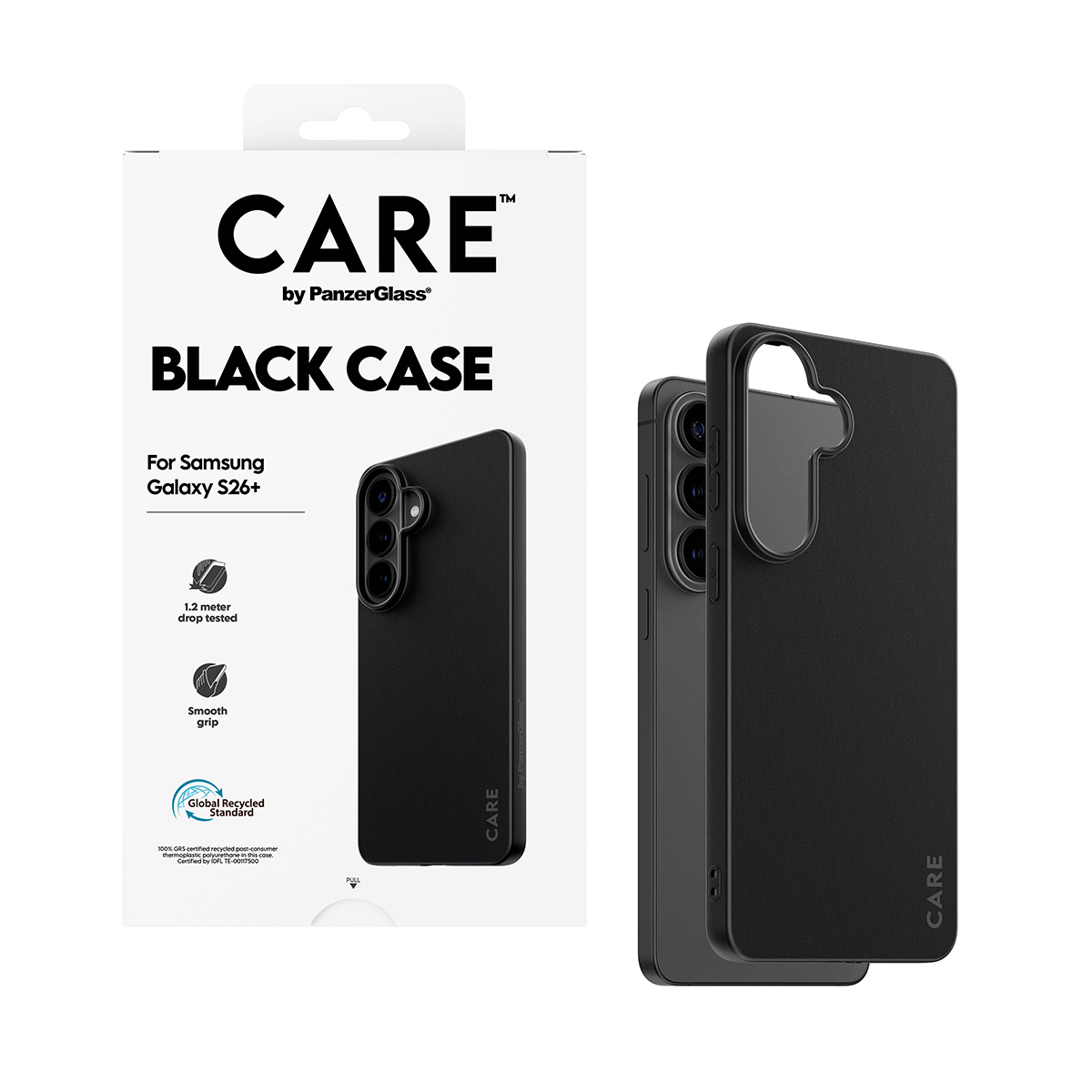 Schwarze CARE Handyhülle für Samsung Galaxy S26+ auf Verpackung. Fallgetestet.