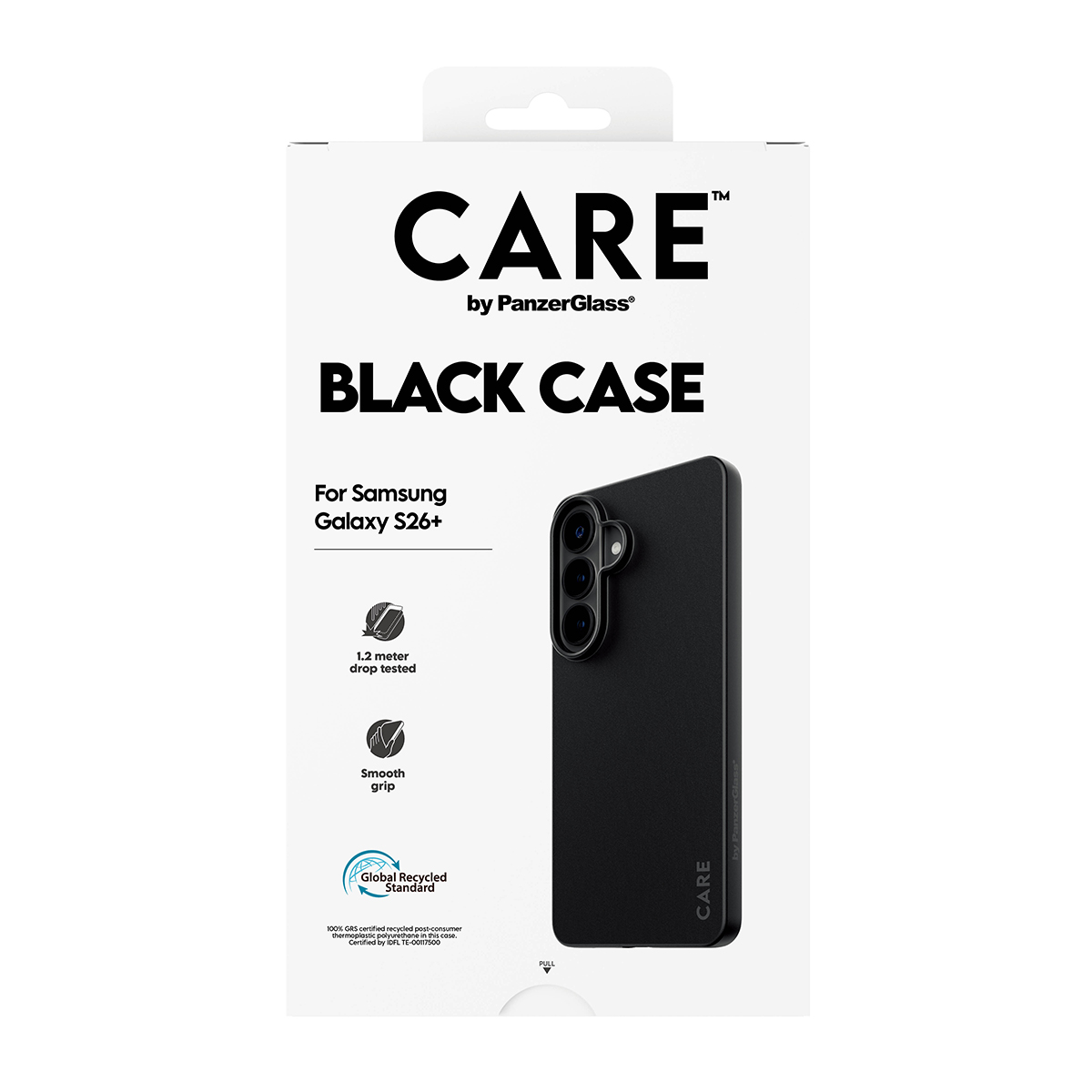 Schwarze Handyhülle für Samsung Galaxy S26+ mit "CARE" Logo.