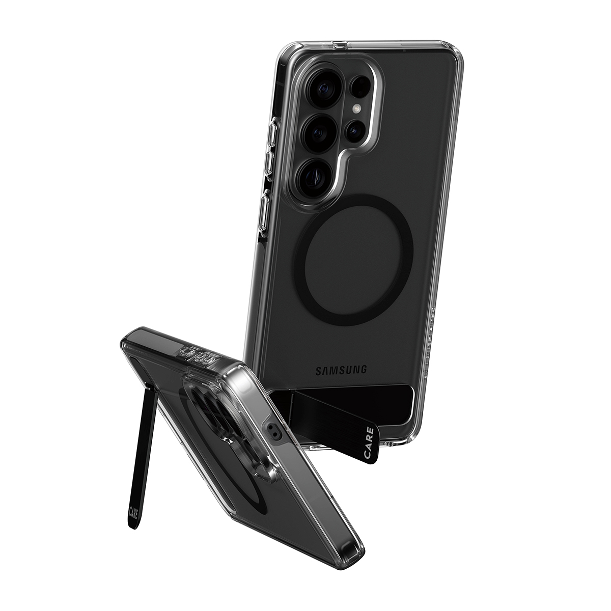 Entegre manyetik halkalı ve stantlı şeffaf telefon kılıfı.